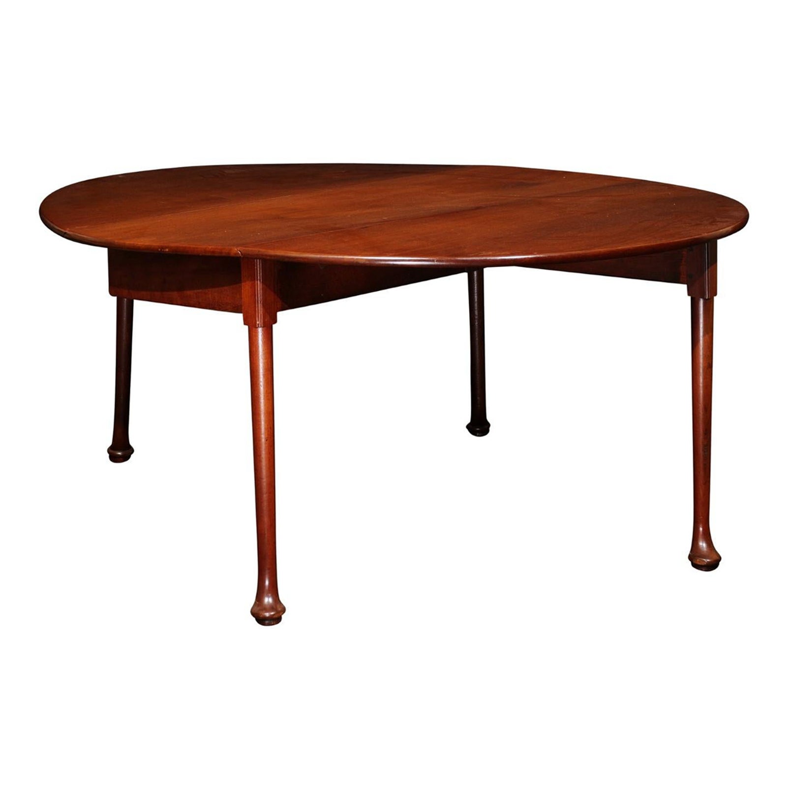  Mid-18th C English George II Mahogany Drop Leaf Oval Dining Table with Pad Feet (Table de salle à manger ovale à feuilles tombantes et pieds pad)