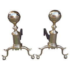 Pair of Brass Ball Finial Andirons with Spur Legs and Ball Feet, Boston, C. 1800