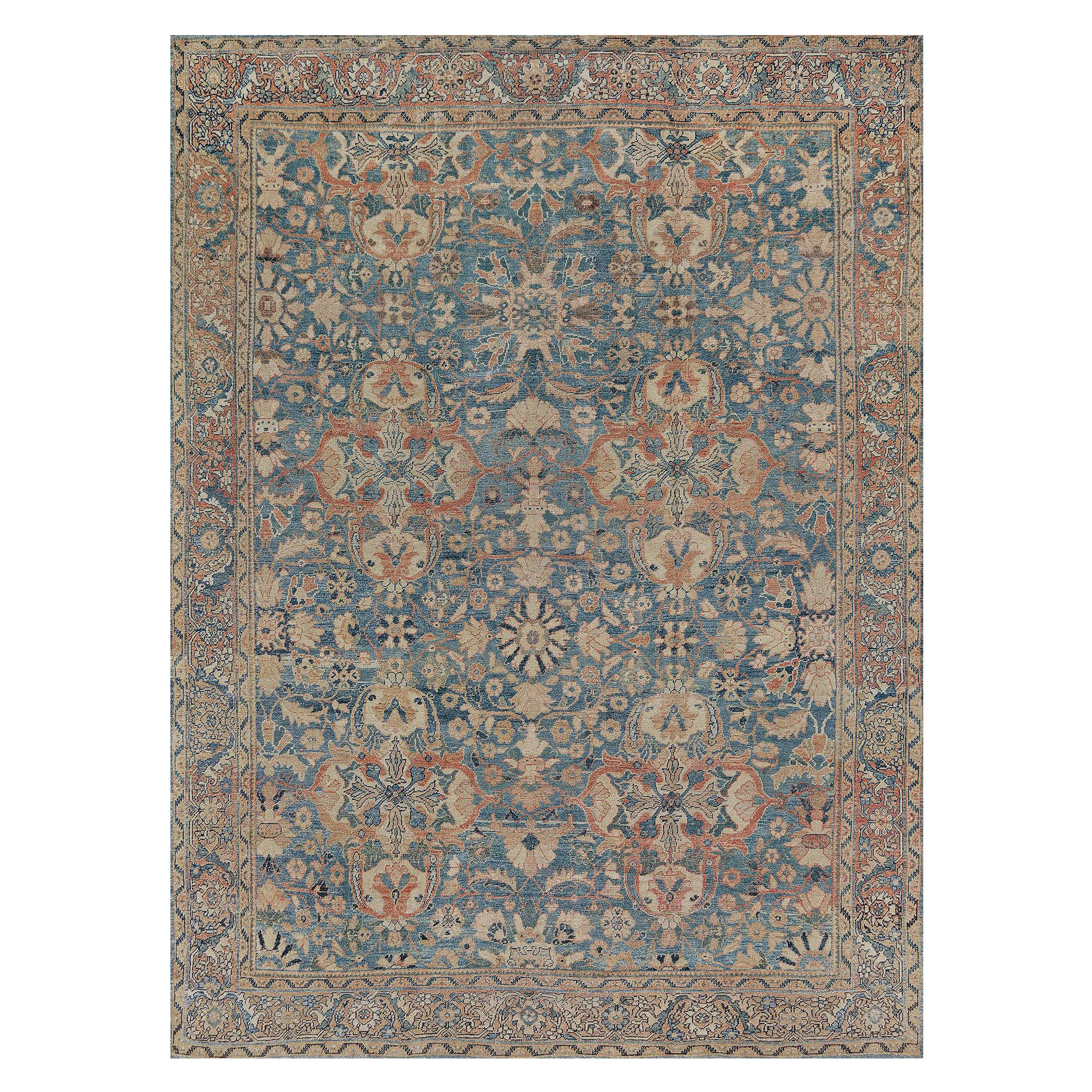 Late 19th Century Authentic Handwoven Blue Persian Sultanabad Wool Rug