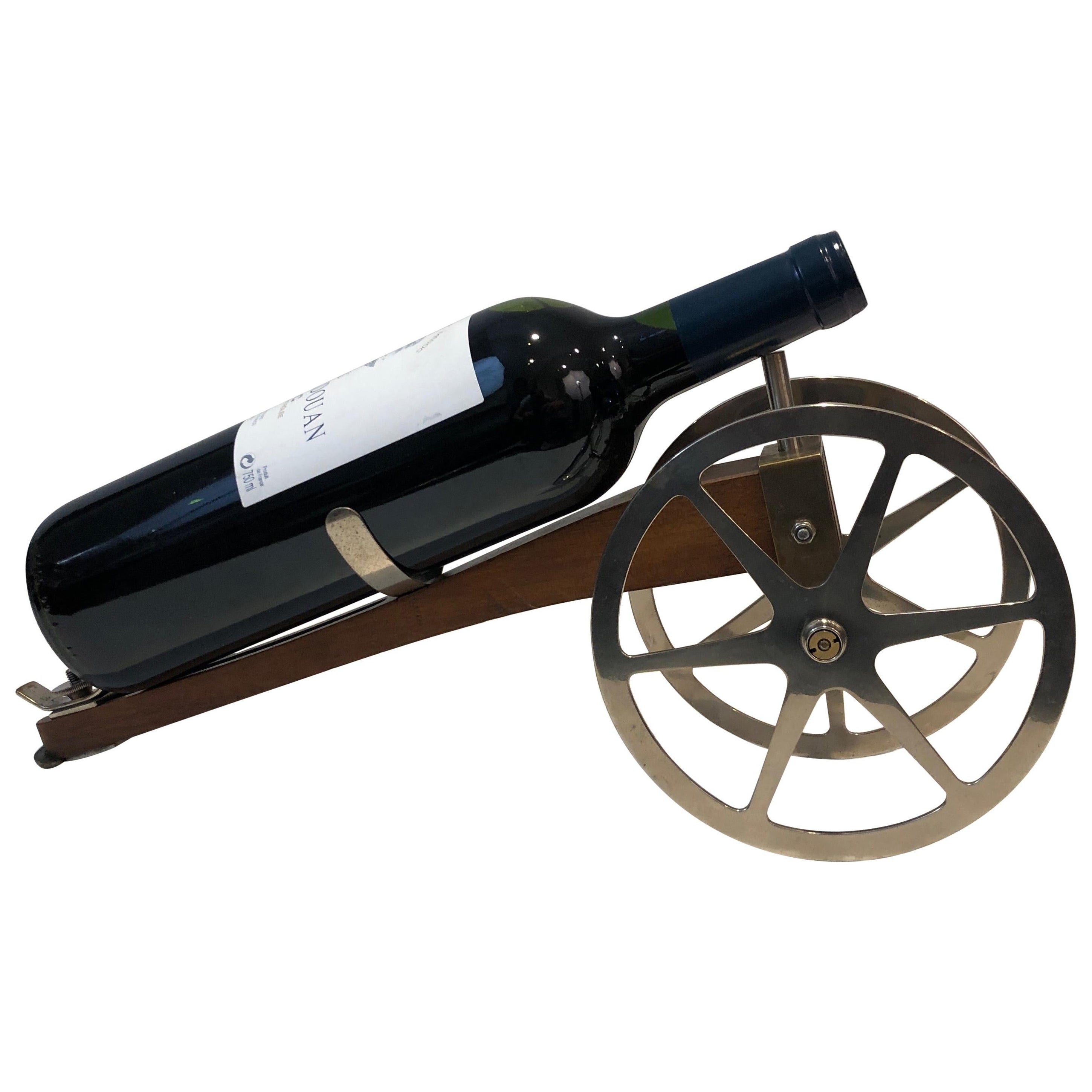 Kanonenflaschenhalter aus Holz, Chrom und Messing, Französisch, markiert H Hauger Paris, ca.