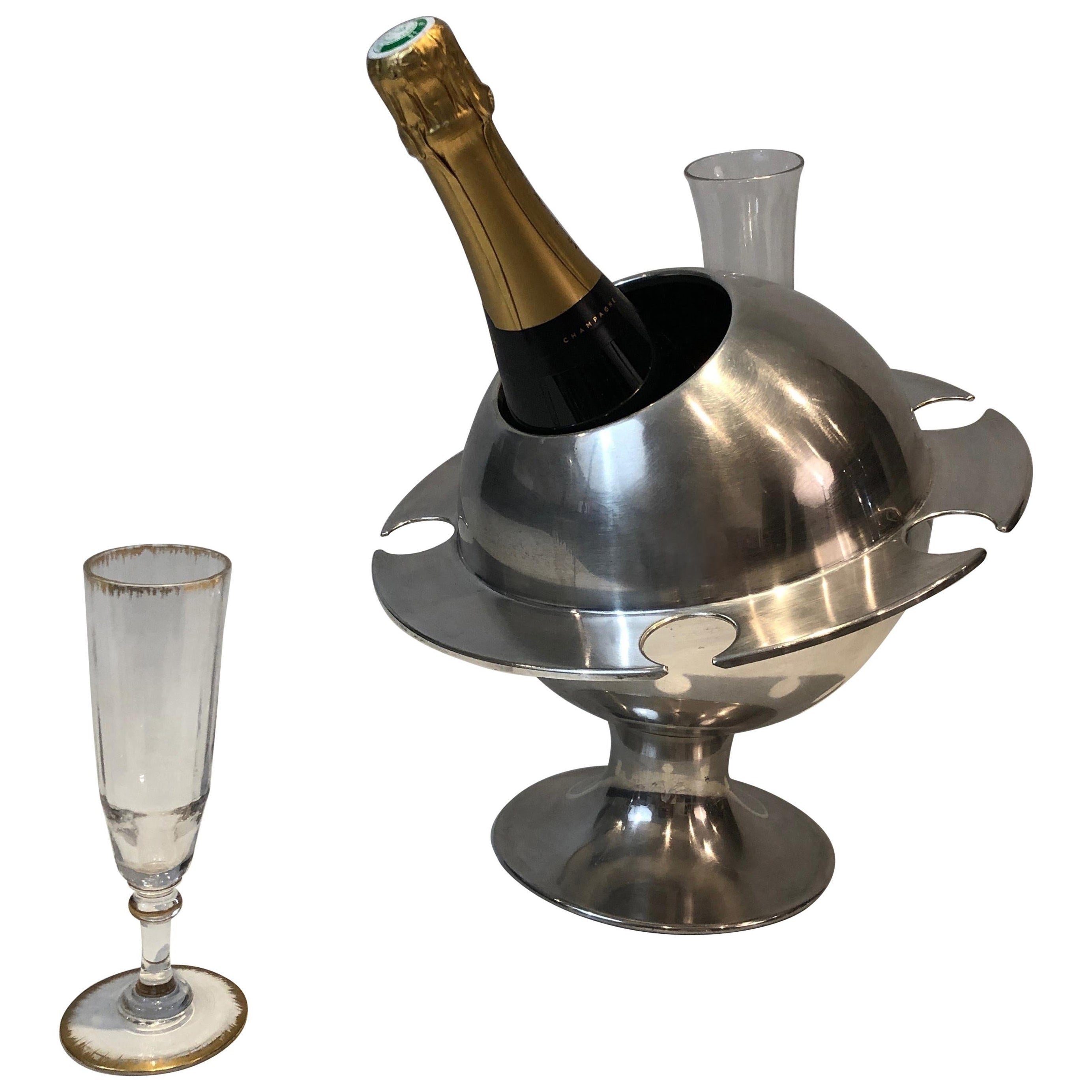 Rare Chromed Champagne Bucket with Flutes Holder, French, Circa 1970 For Sale
