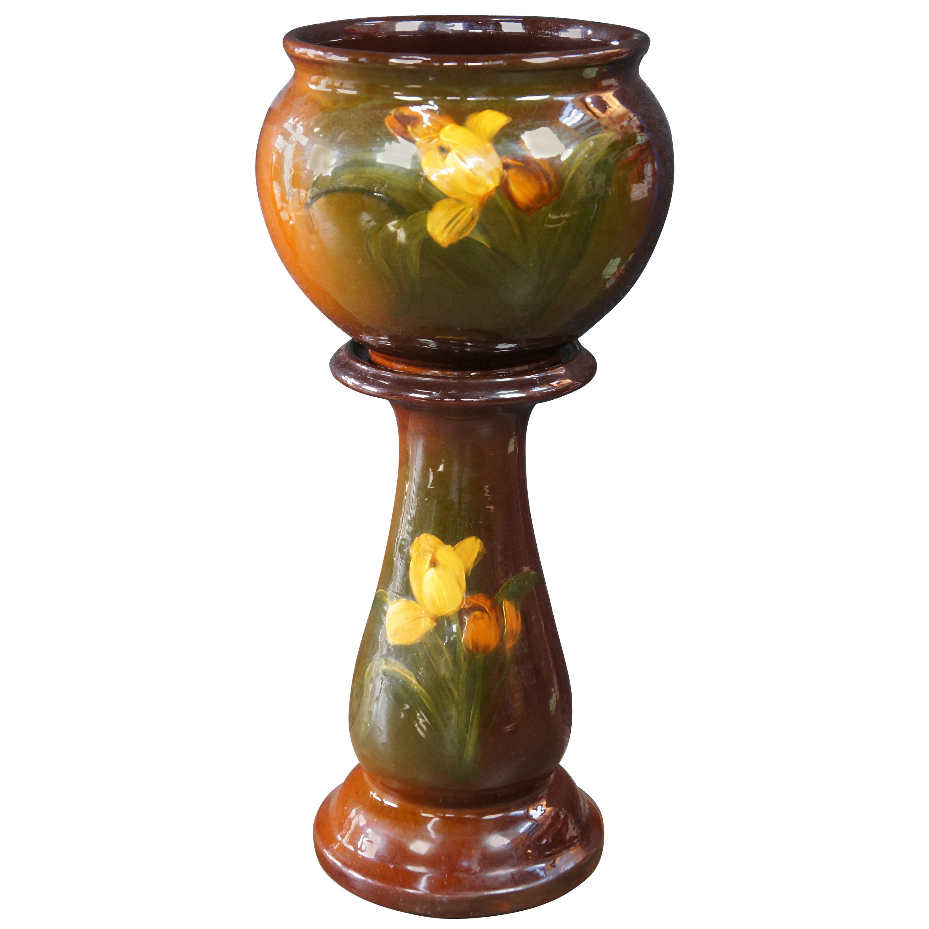 Ceramic Jardinière 'Planter and Stand' Pedestal Decorated with Flowers For Sale at 1stDibs