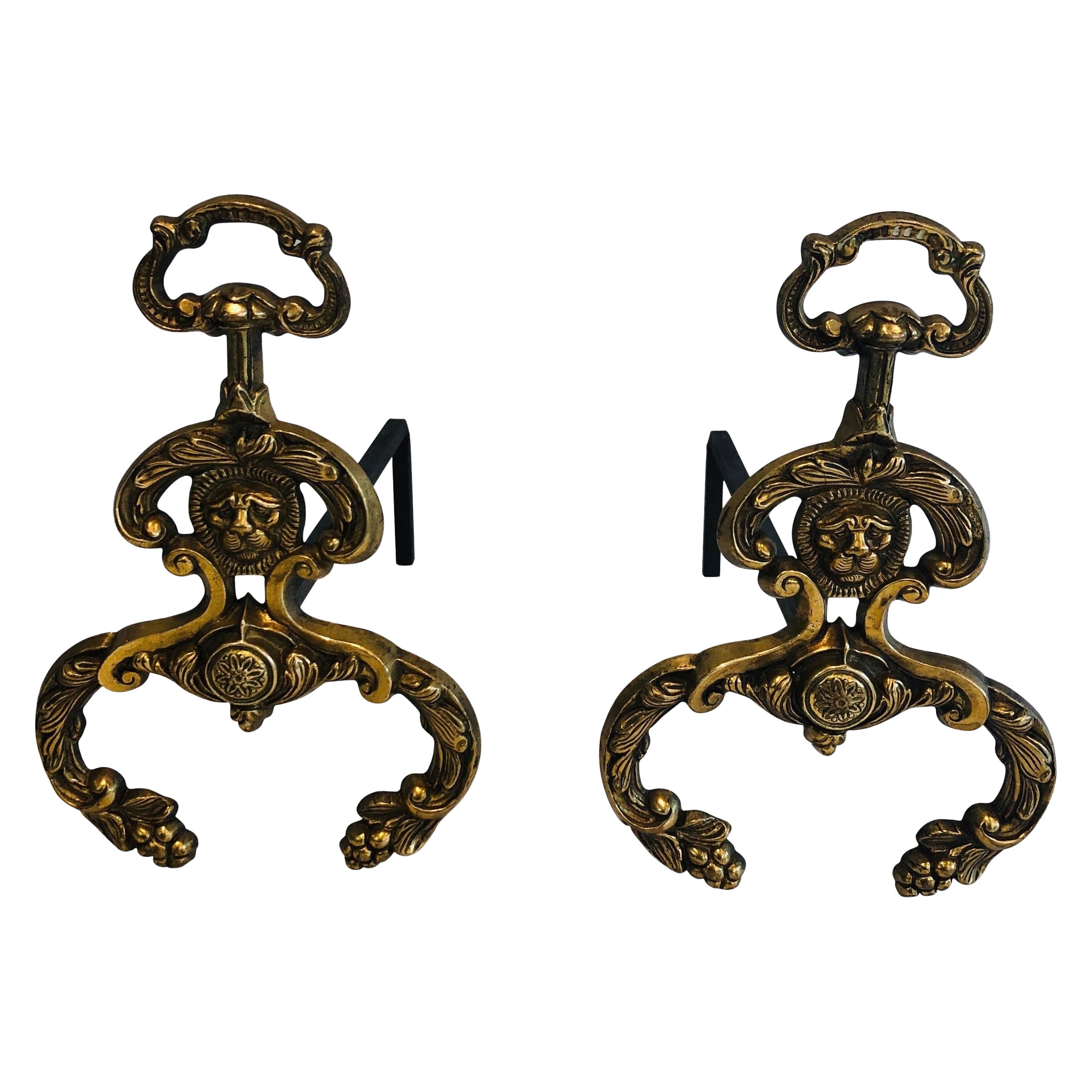 Pareja de Azogones de Bronce y Hierro Forjado de Estilo Neoclásico con Caras de Leones. F