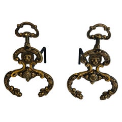 Paire de chenets de style néoclassique en bronze et fer forgé avec visages de lions. F