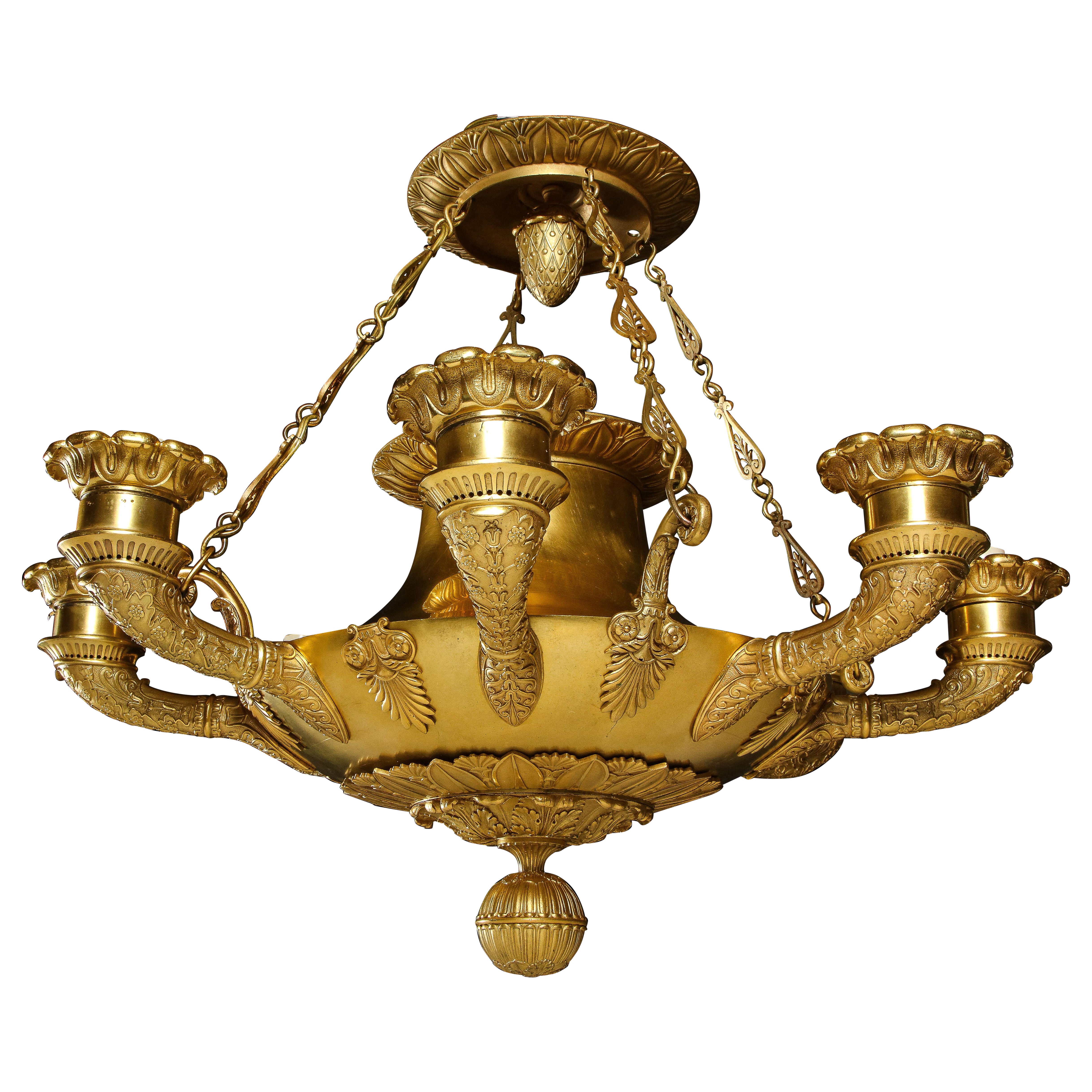 A Unique Large Antique French Empire Neoclassical Gilt Bronze Chandelier