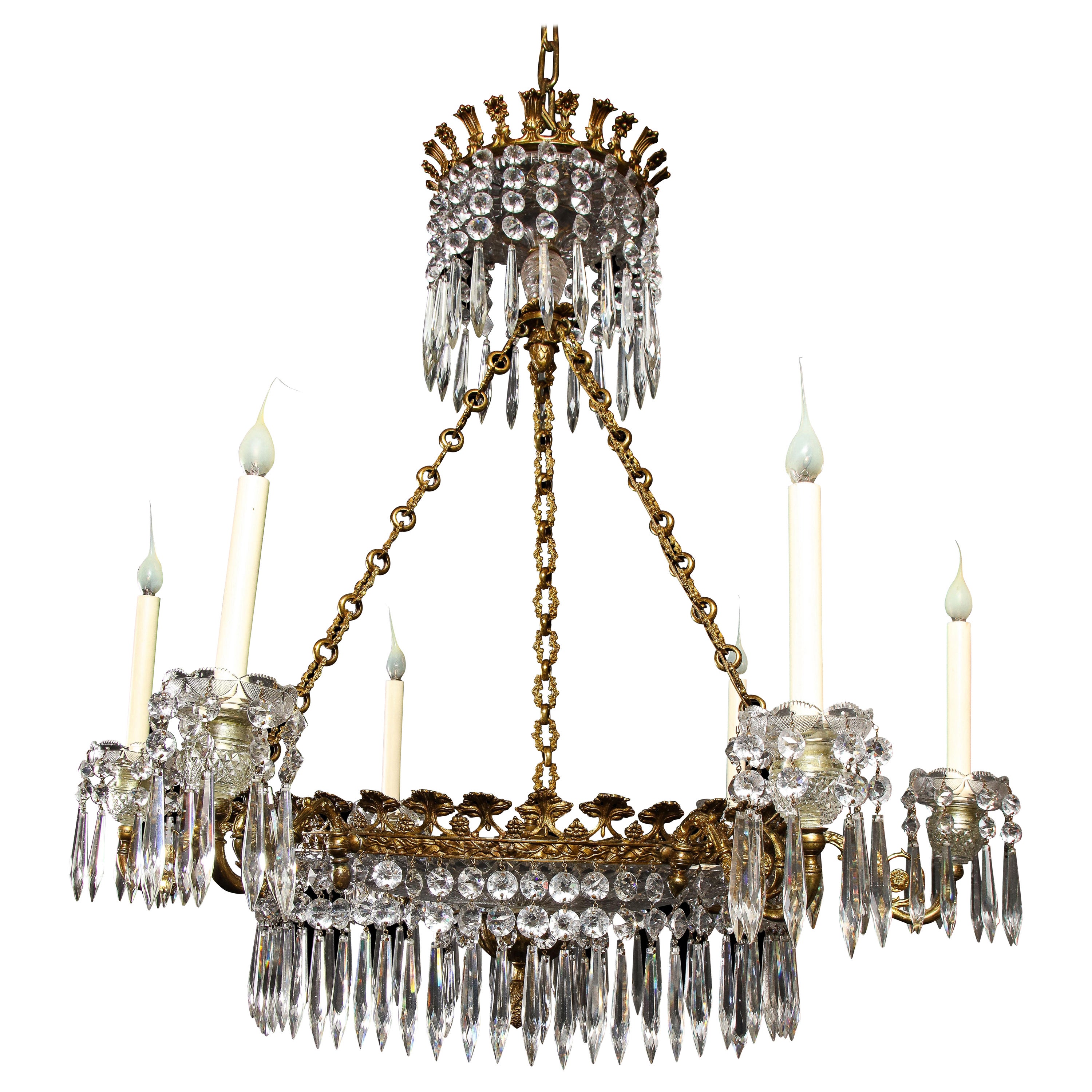 Large Antique English Regency Style Gilt Bronze and Crystal Chandelier 