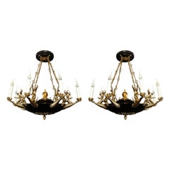 Pair of Antique French Empire Style Figural Gilt & Patina Bronze Chandeliers