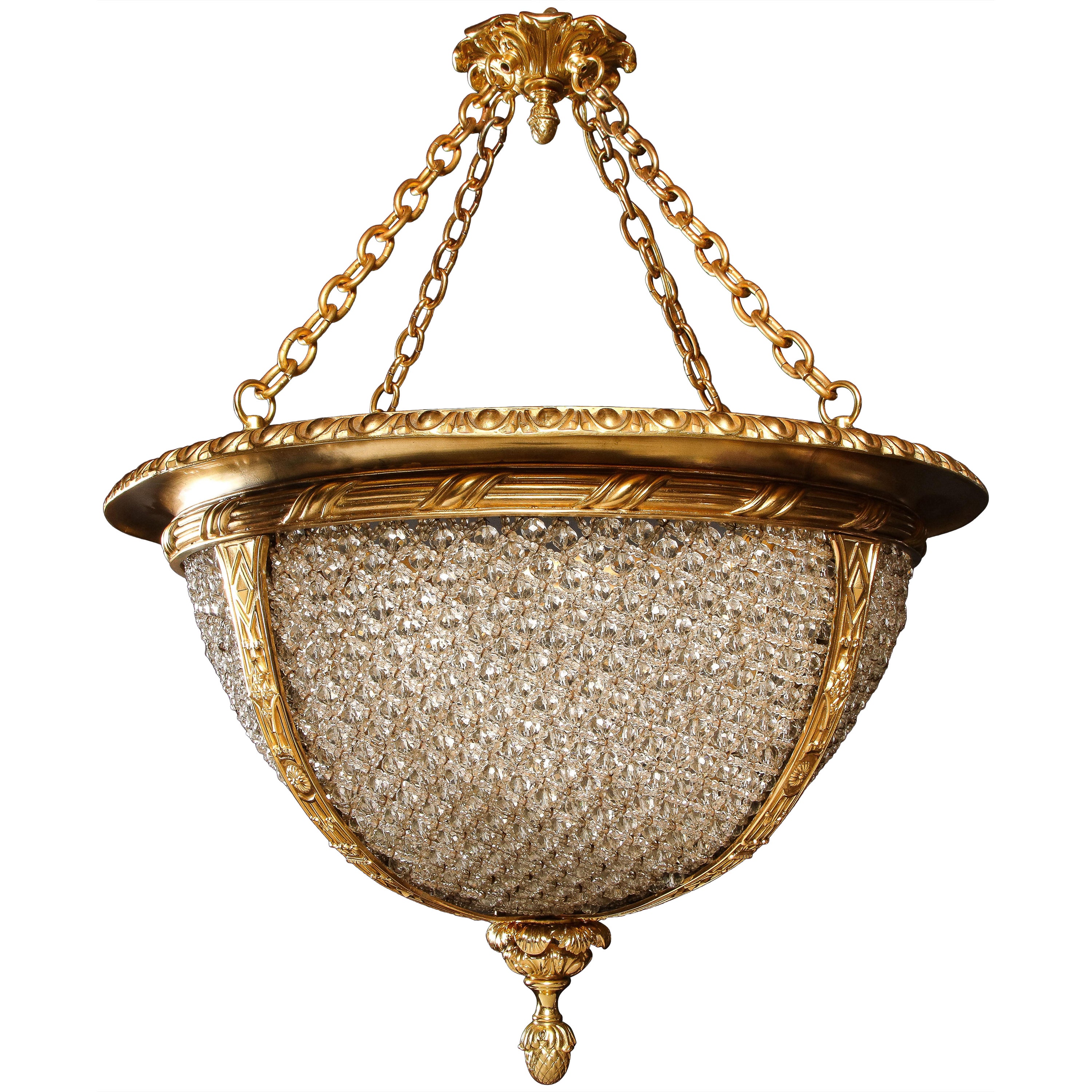 Hollywood Regency Gilt Bronze and beaded glass Circular Chandelier
