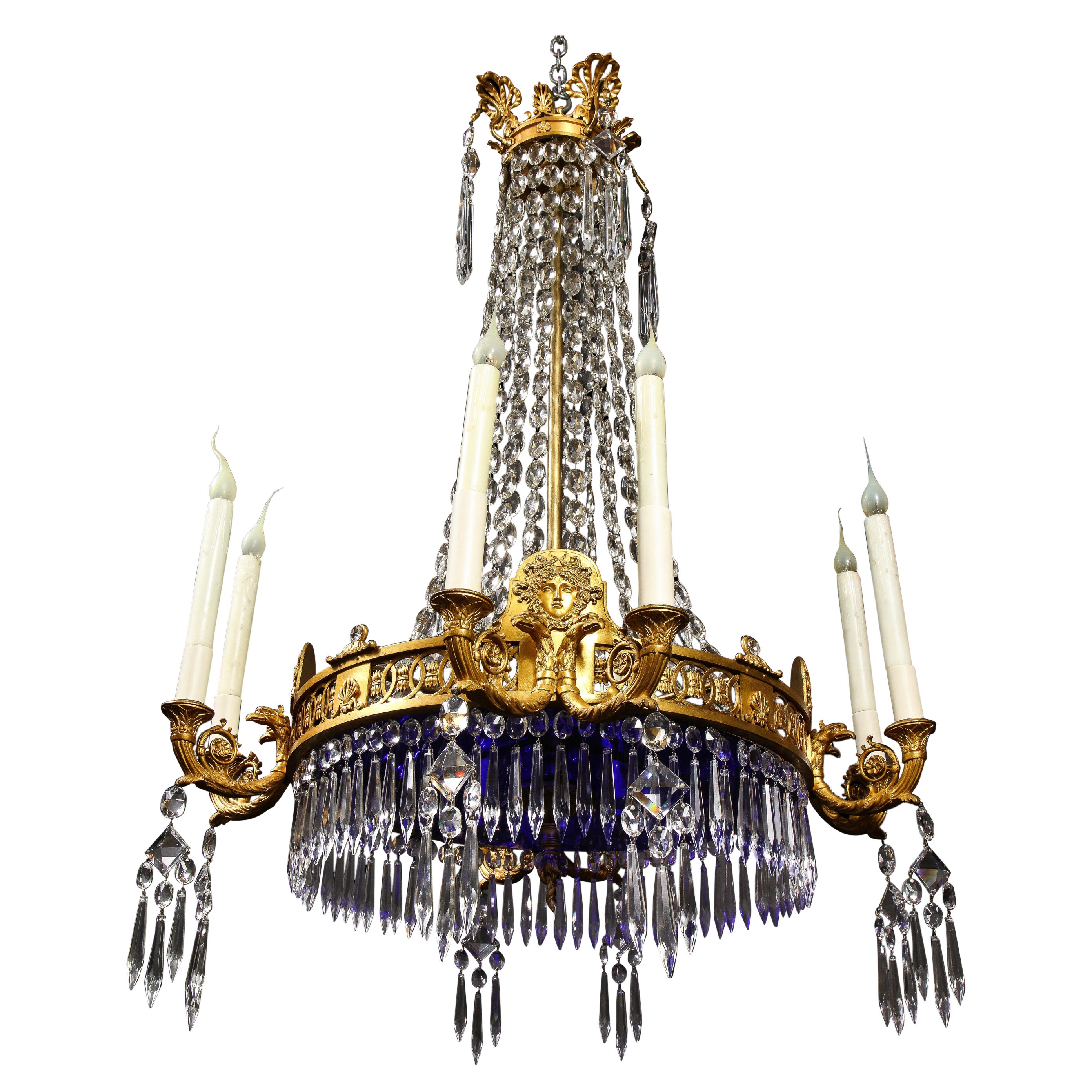 Antique Russian Neoclassical Gilt Bronze and Cut Crystal Cobalt Glass Chandelier For Sale