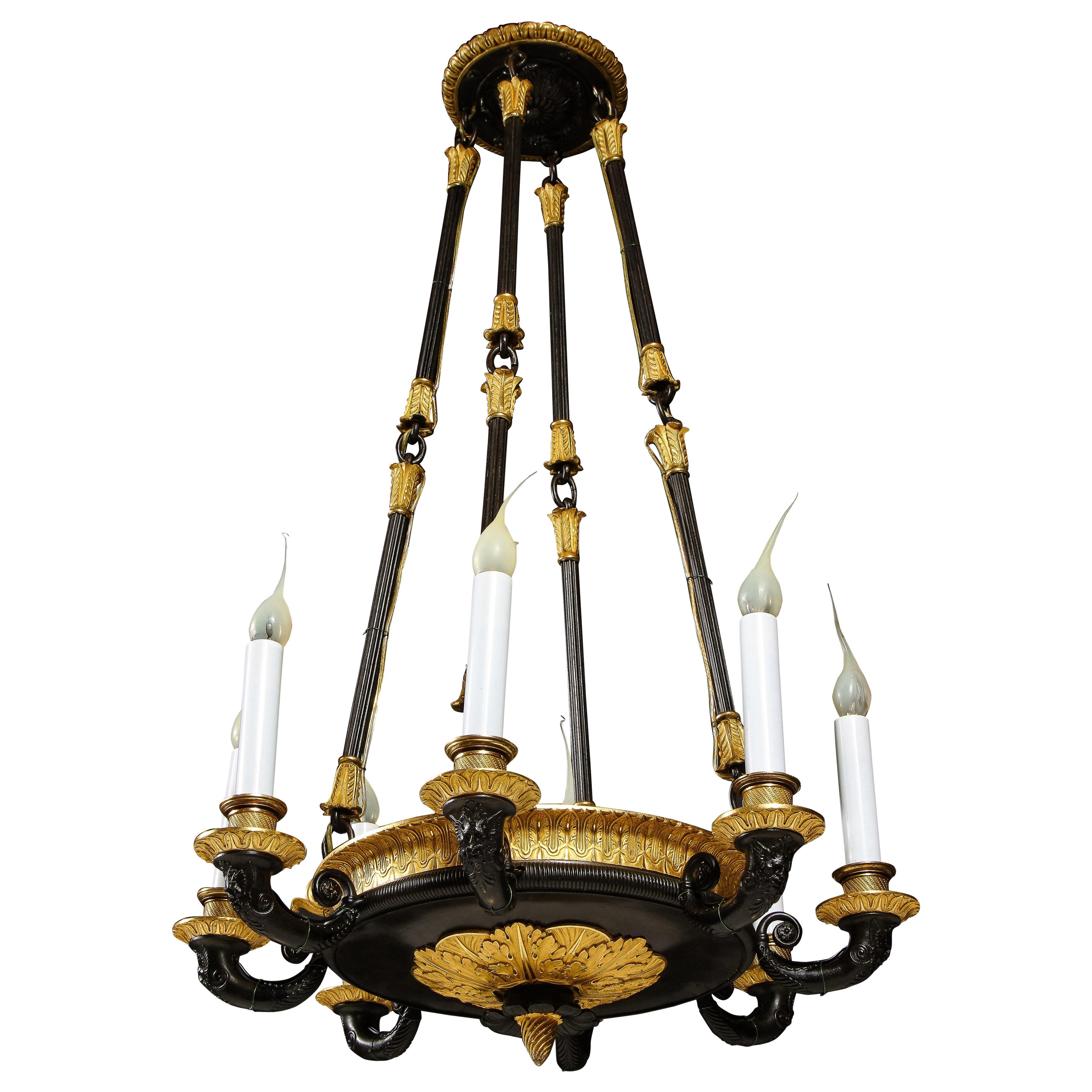 Antique French Empire Style Gilt and Patinated Bronze Chandelier