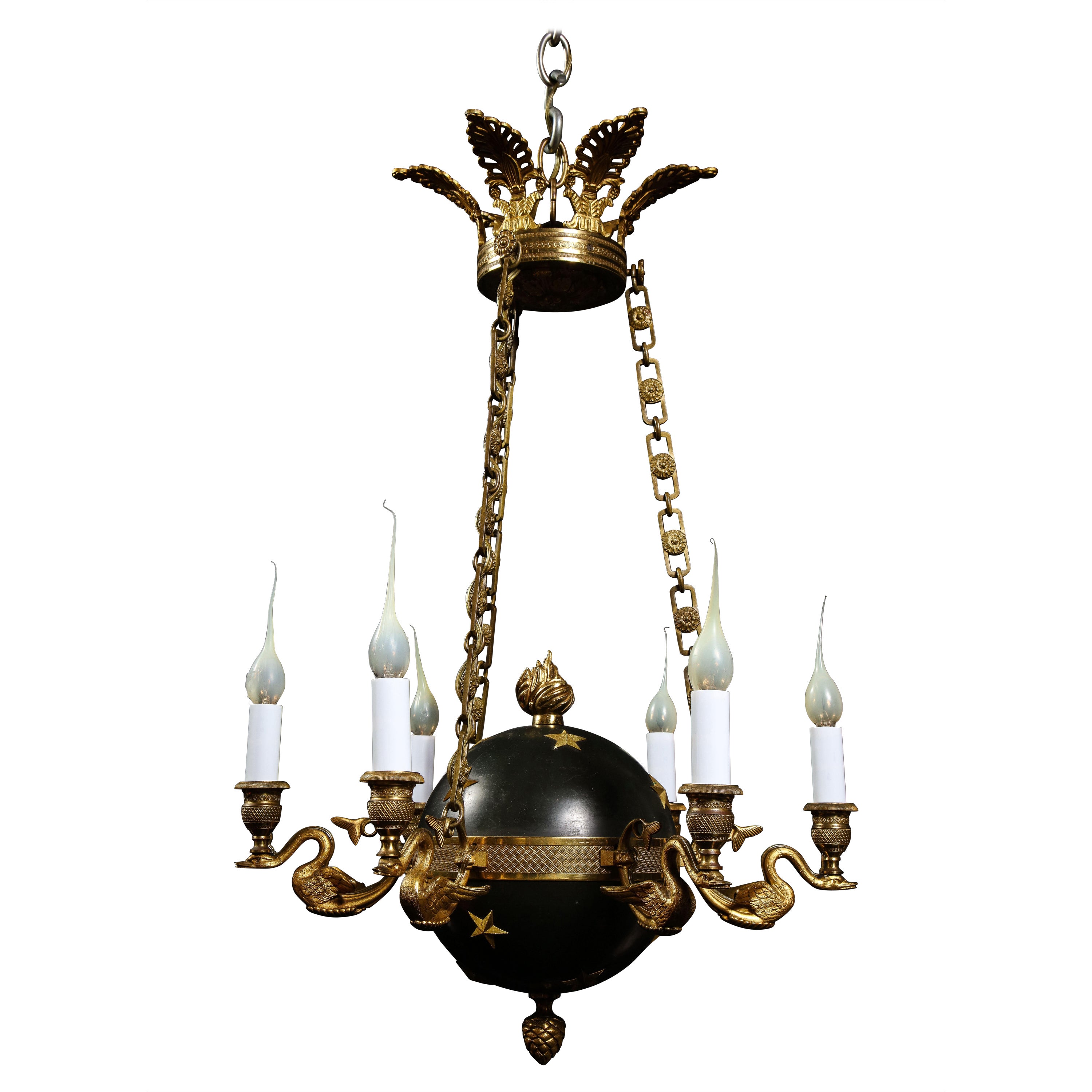 Hollywood Regency Gilt Bronze and Patinated Bronze Ball Form Swan Chandelier For Sale
