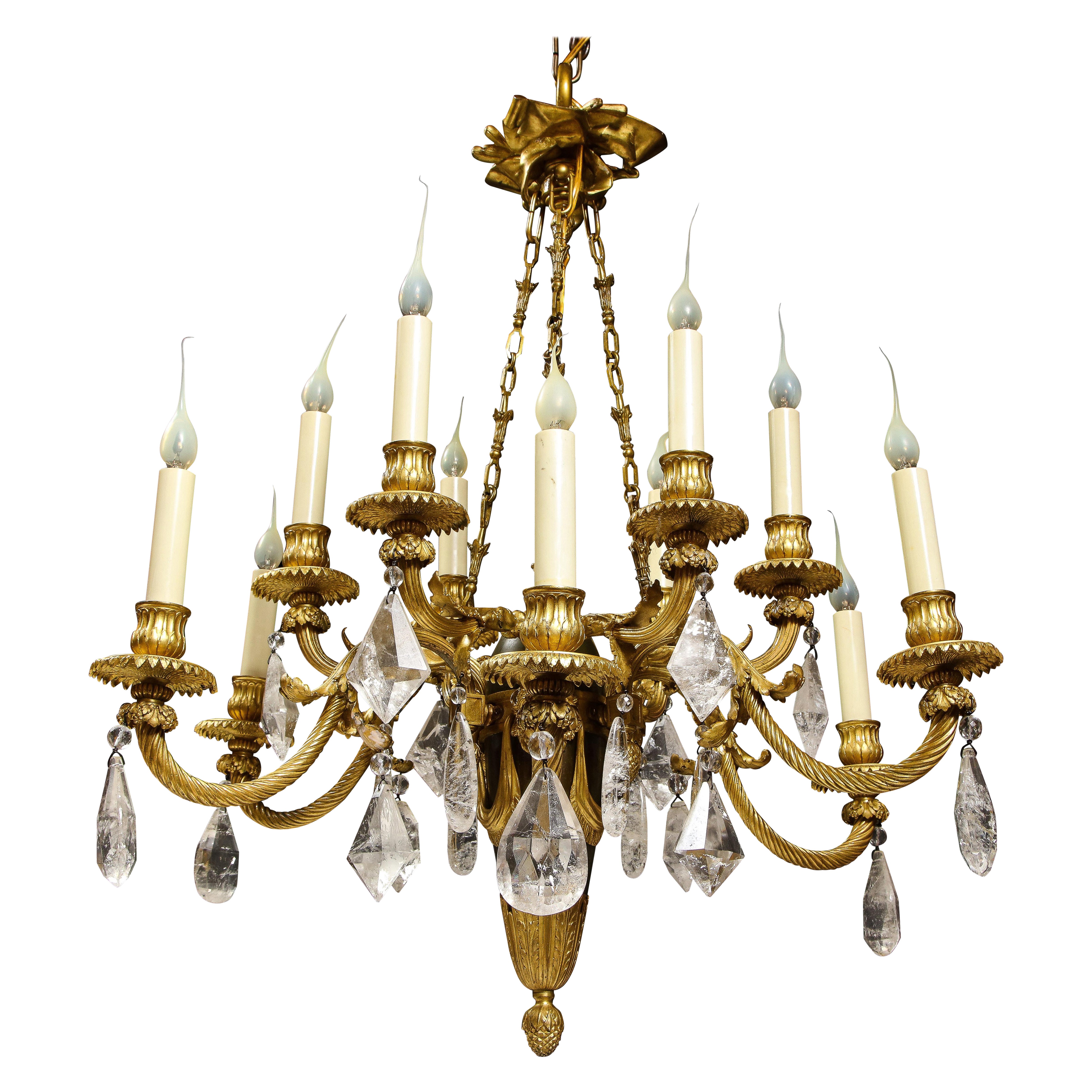 Antique French Louis XVI Style Gilt & Patinated Bronze Rock Crystal Chandelier