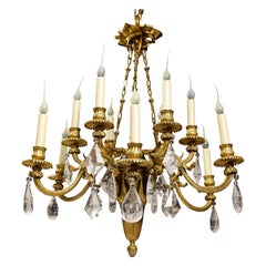 Antique French Louis XVI Style Gilt & Patinated Bronze Rock Crystal Chandelier