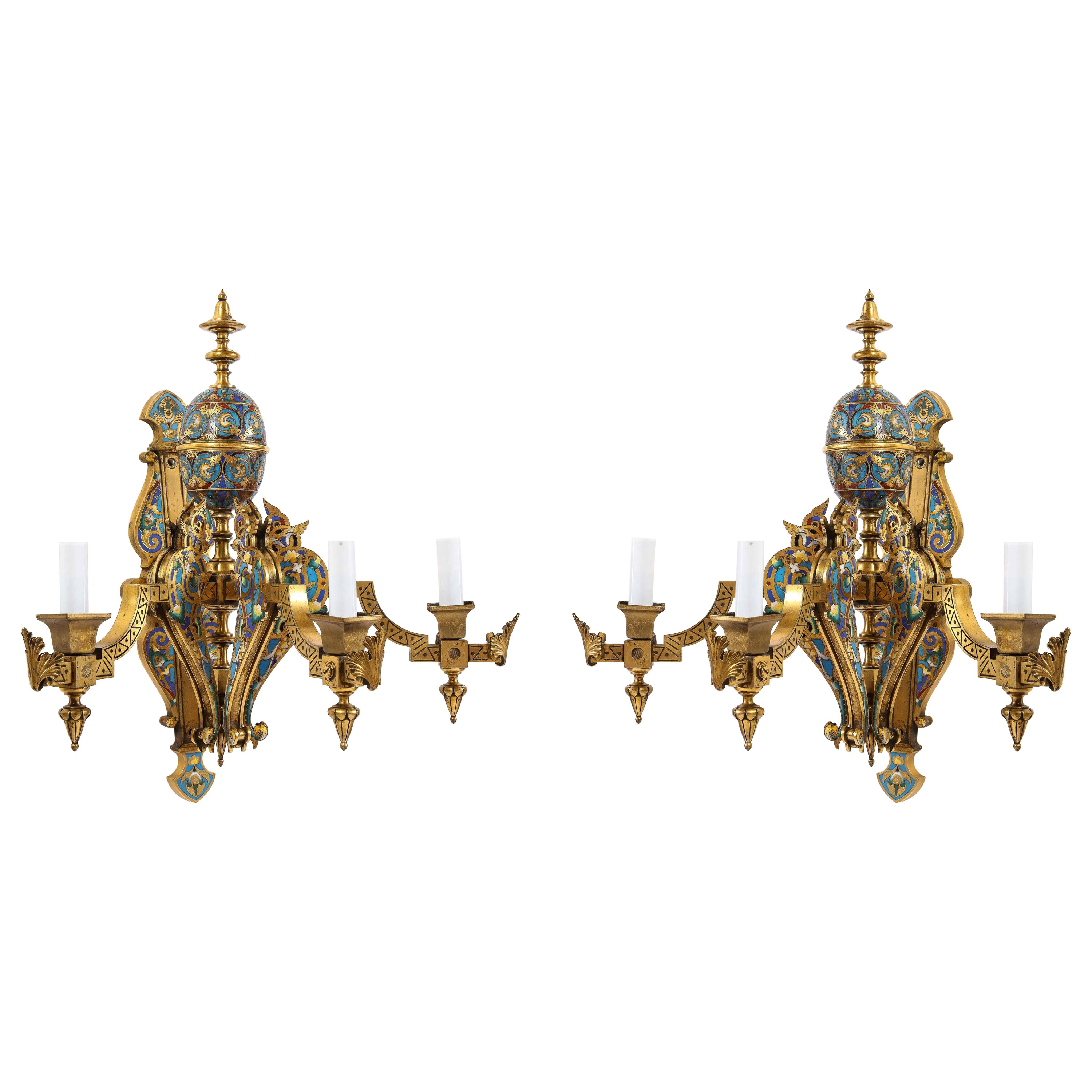Pair of French Gilt Bronze and Multi-Color Champleve Enamel 3-Arm Wall Sconces