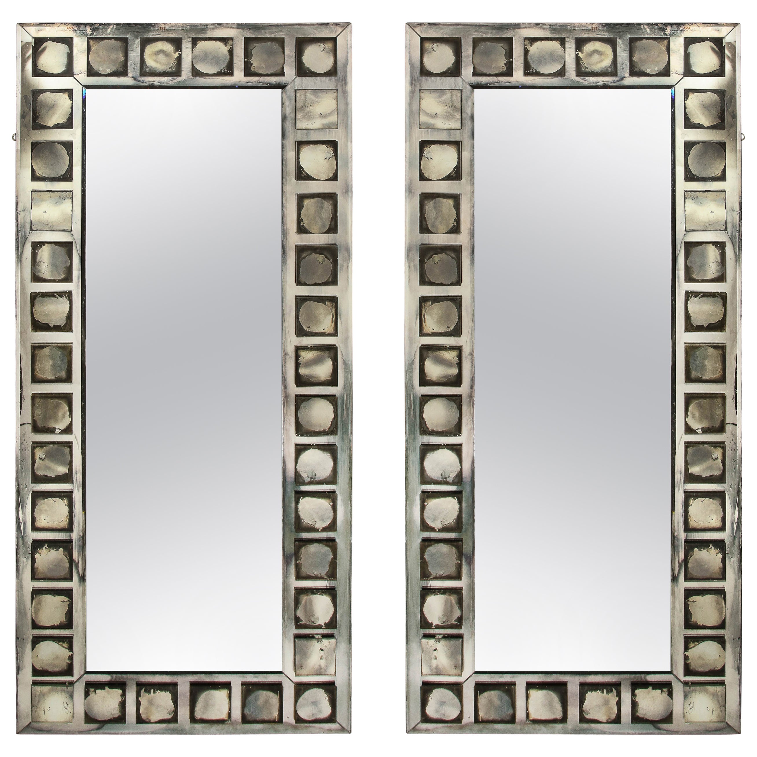 Large rectangular beveled grid mirror in white gold at 1stDibs