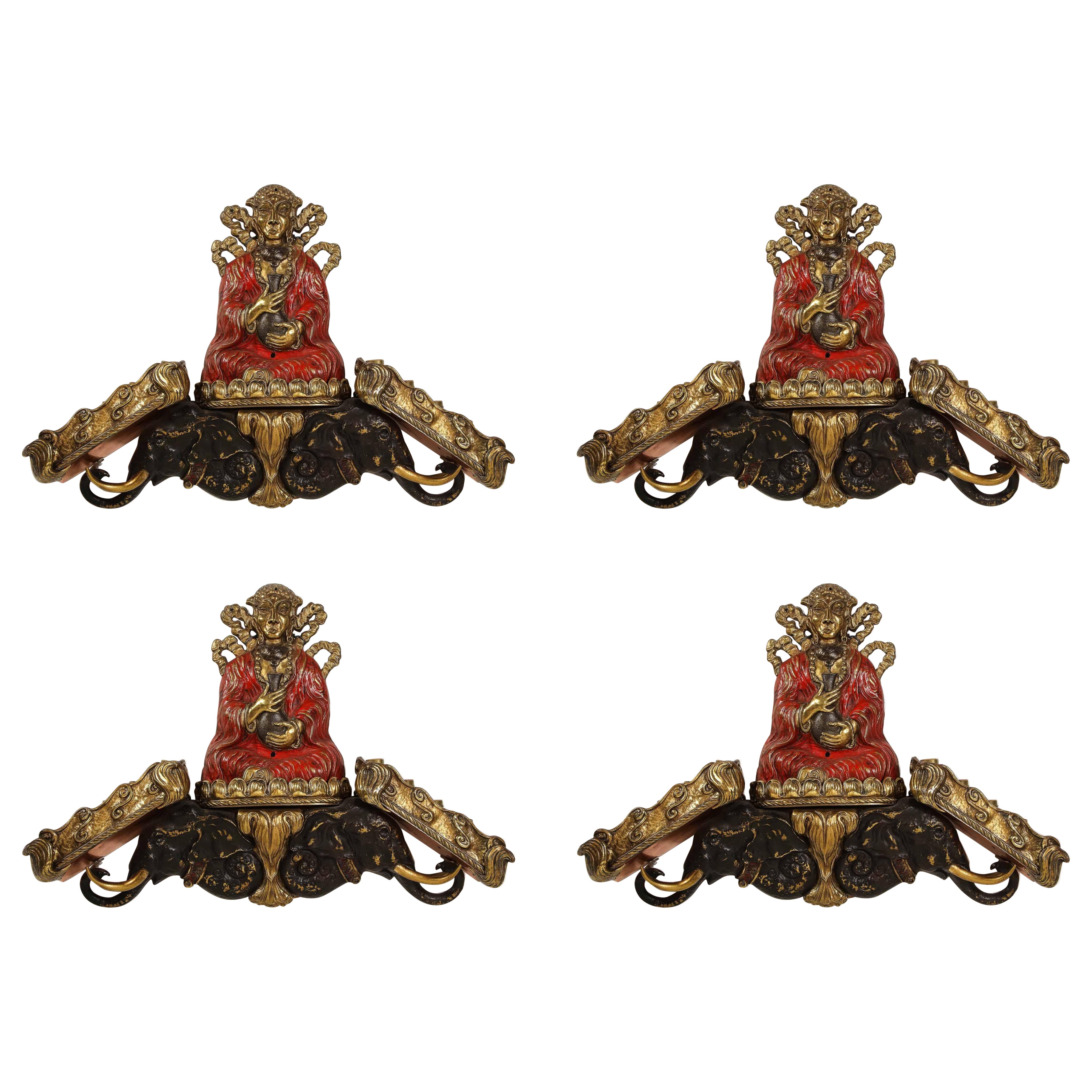 Satz von 4 großen figuralen Chinoiserie-Wandleuchtern aus vergoldeter Bronze, Caldwell zugeschrieben