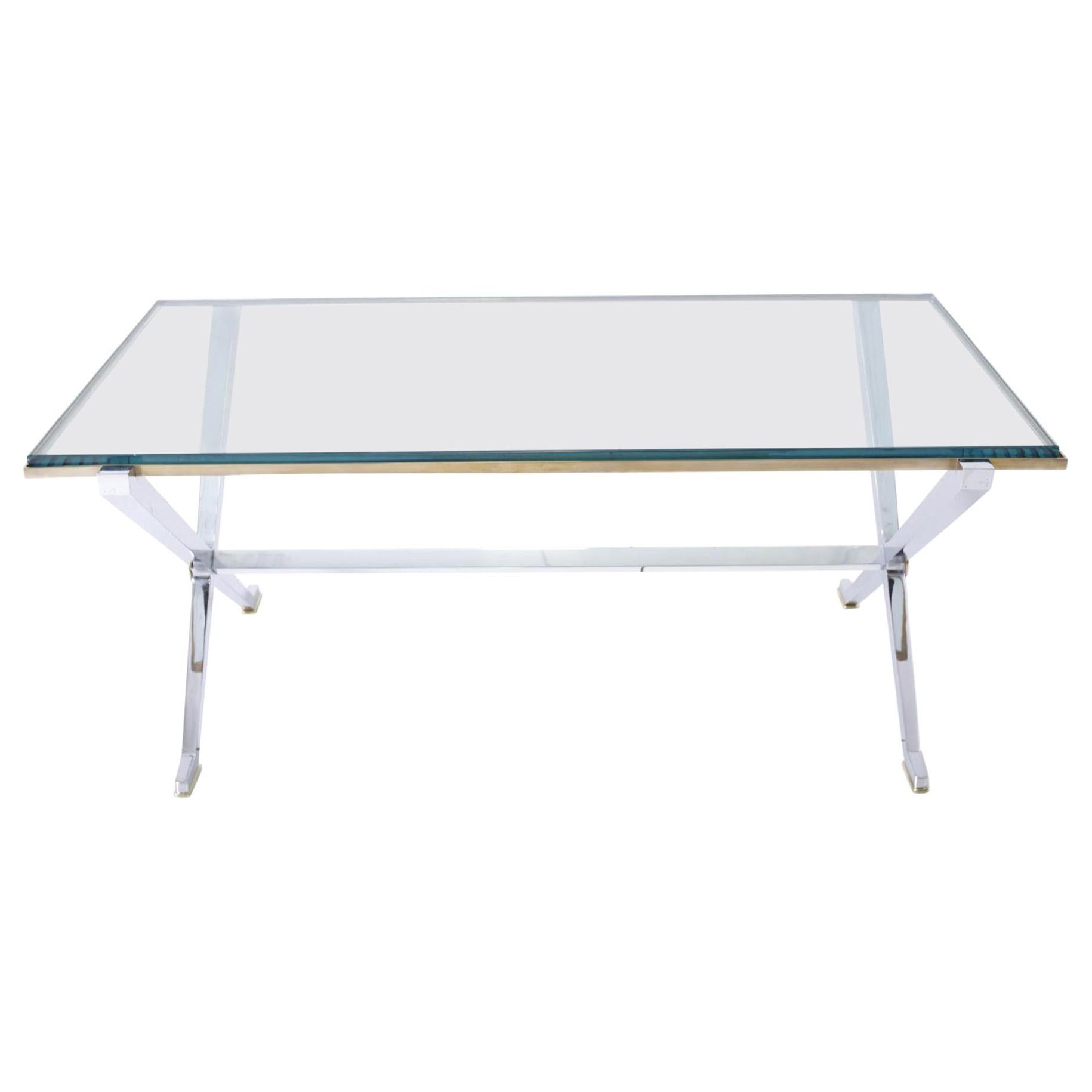 Table basse en X en chrome et laiton de Maison Jansen