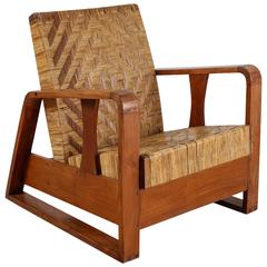French Modernist Teak and Cane Lounge Chair, 1930s