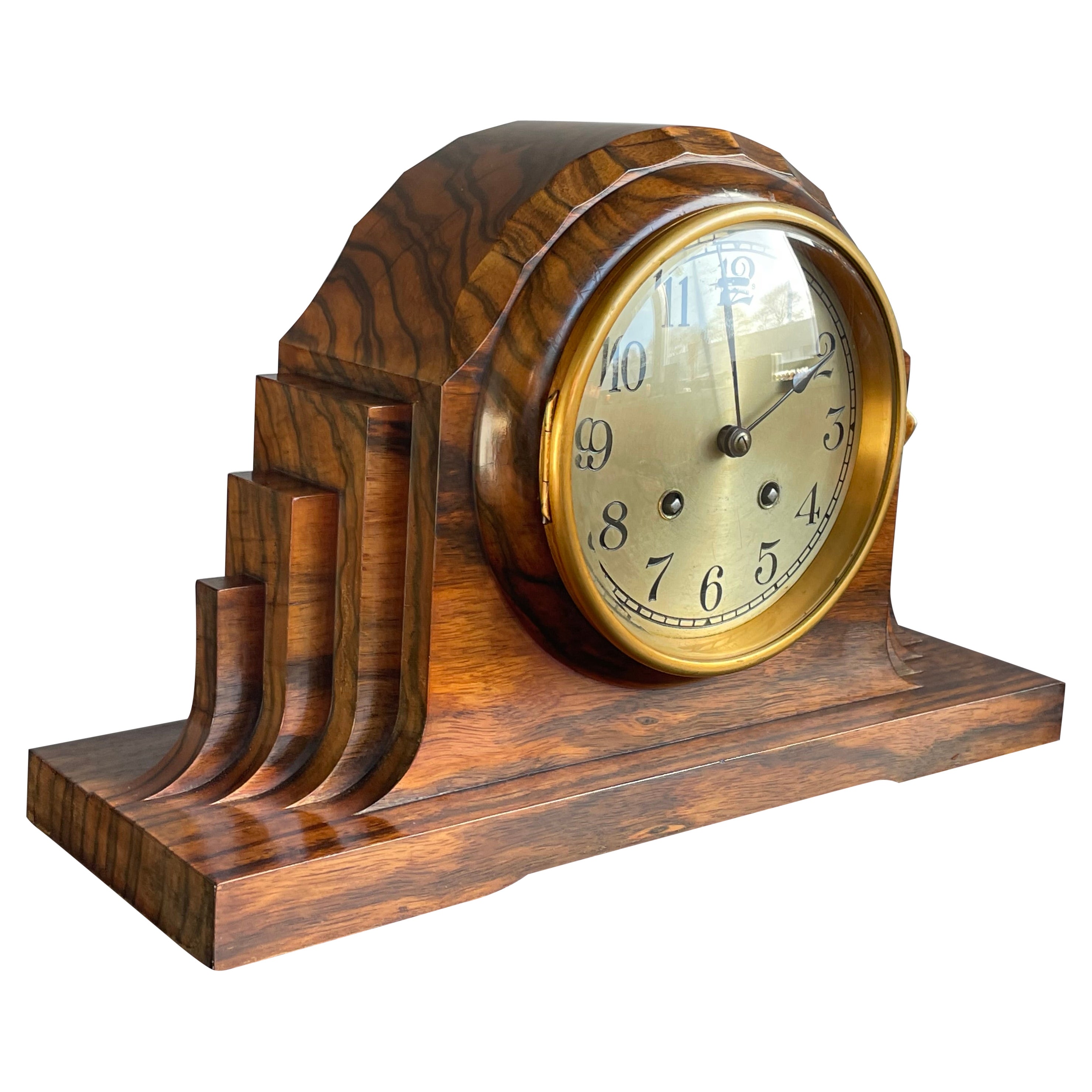 Top Design 1920s Art Deco Mantel Clock Made of Solid Coromandel w. Beveled Glass For Sale