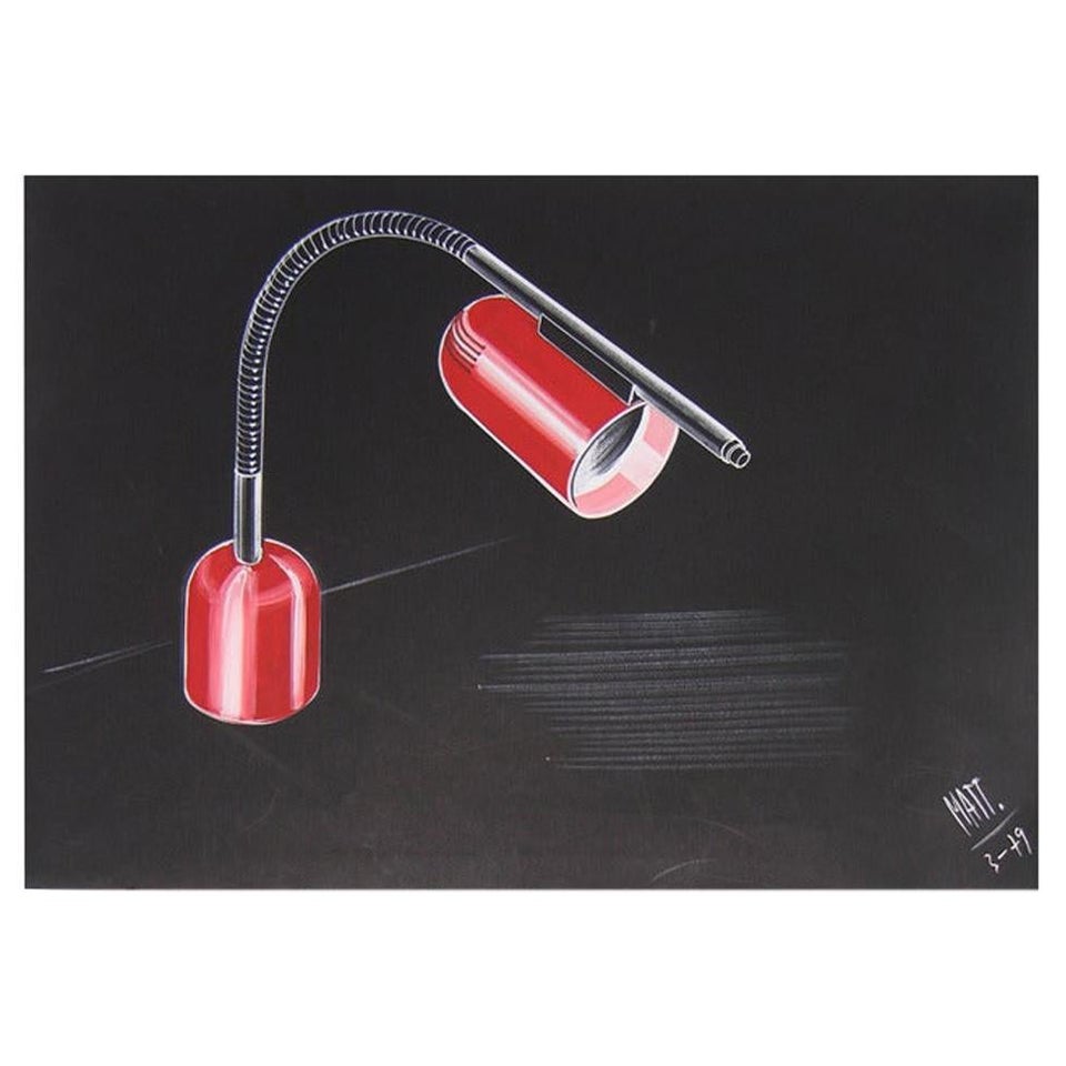 Un dessin de conception italienne de Mattioli pour un projet de lampe de bureau rouge moderne, 1979 en vente