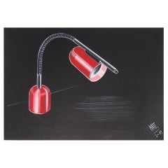 Un dessin de conception italienne de Mattioli pour un projet de lampe de bureau rouge moderne, 1979
