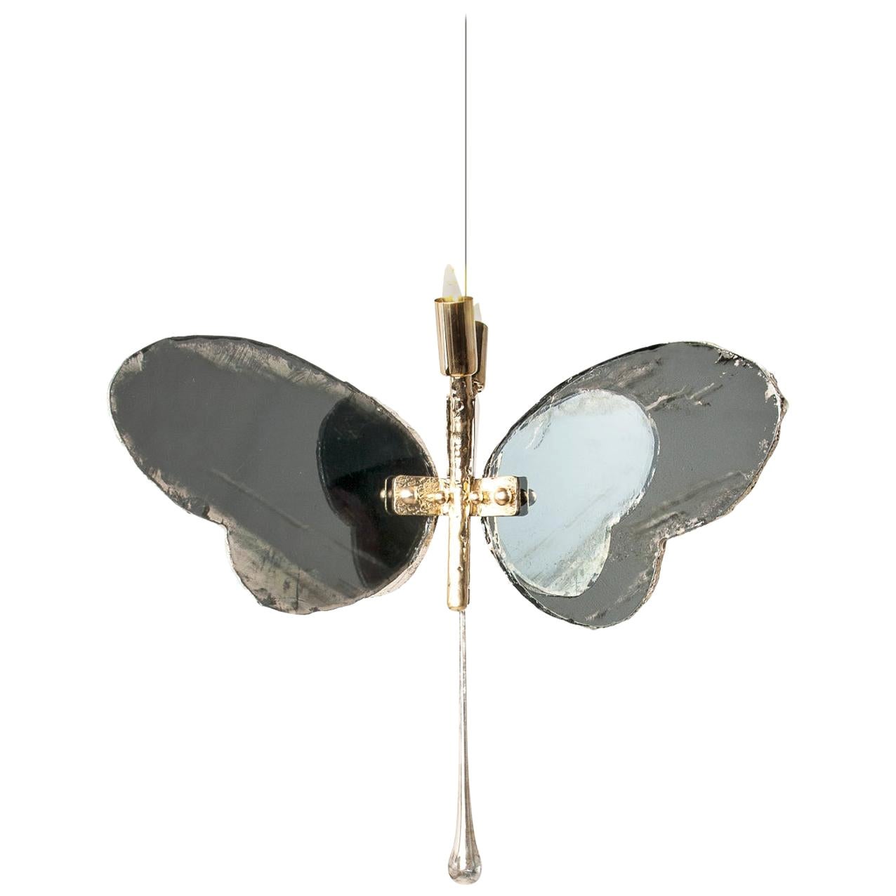  Zeitgenössische Schmetterlings-Pendelleuchte 40, versilbert, graues Glas, Messing  