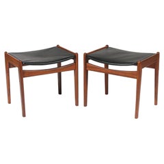 20th Century American Pair of Vintage Bloomingdale's Teakwood, Vinyl Footstools