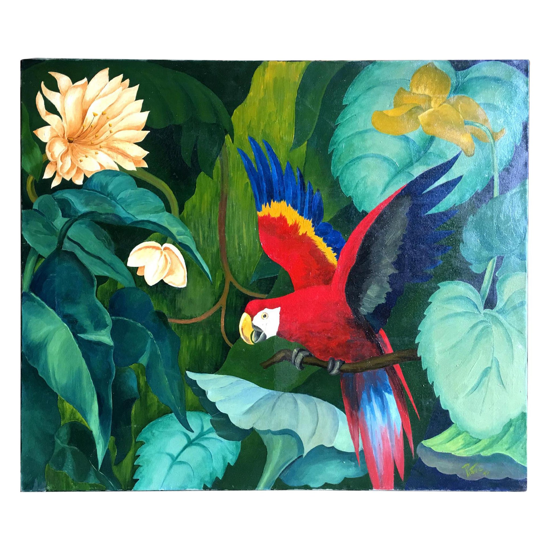 Large Oil on Canvas Parrot by Pia Tole 1947 For Sale