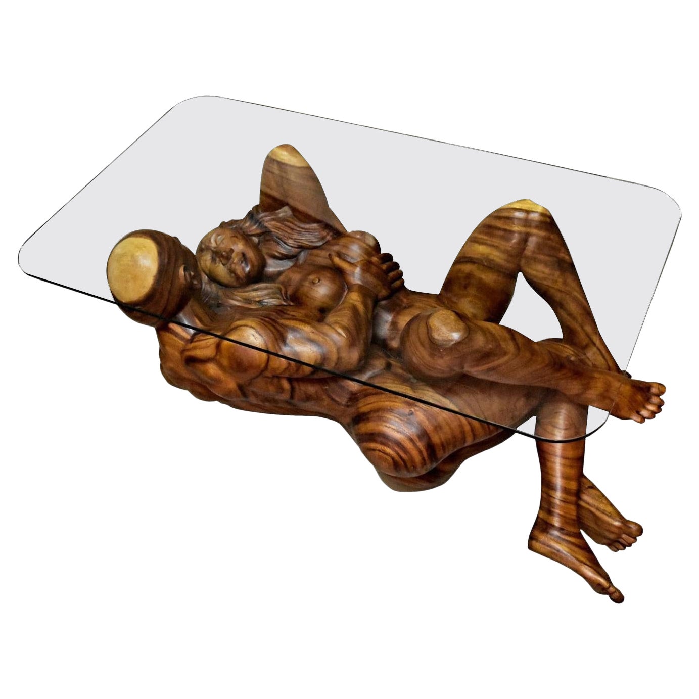 Massive Hand Carved Monkey Pod Exotic Hardwood Lovers Embrace Coffee Table For Sale