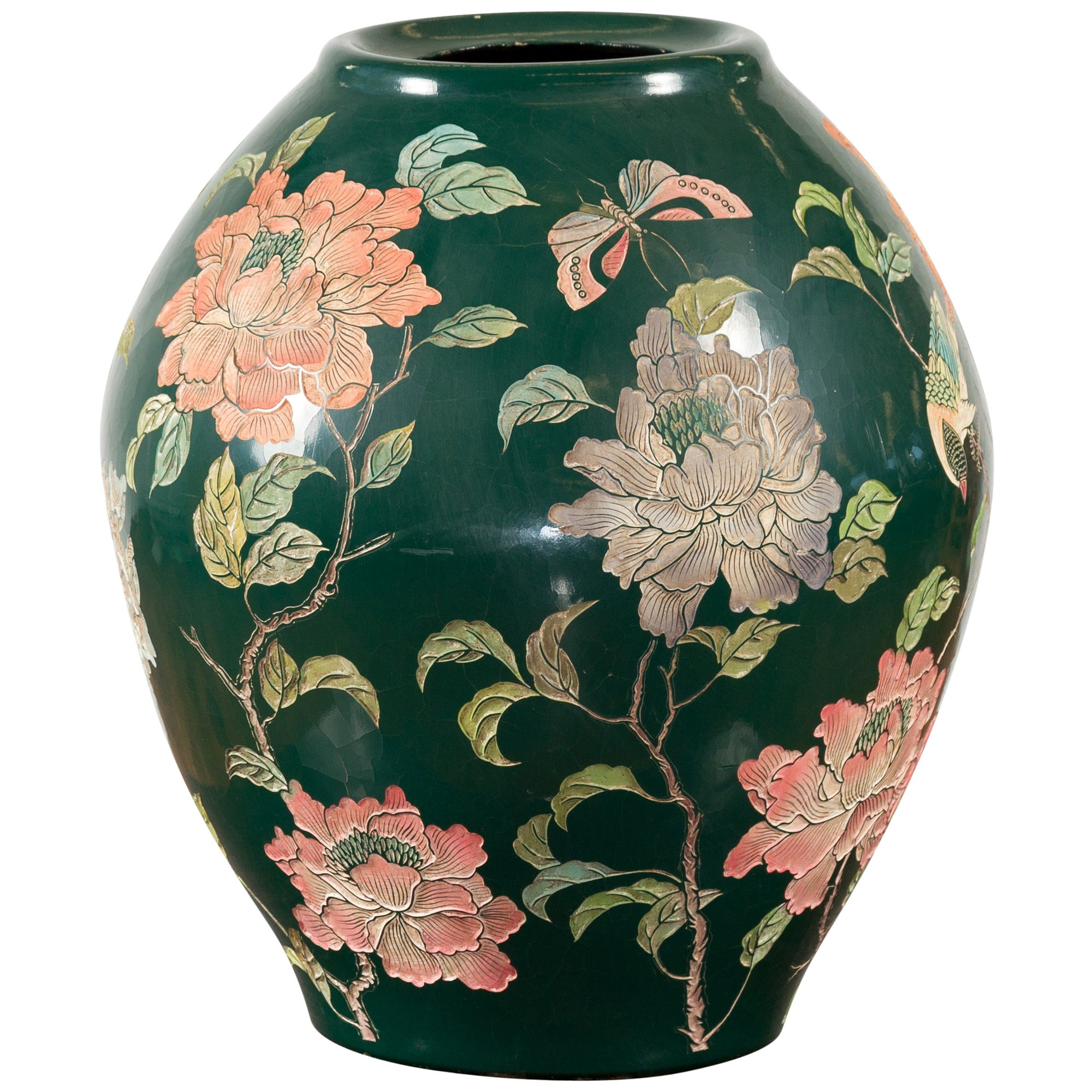 Chinese Vintage Green Glazed Vase with Raised Floral and Bird Motifs