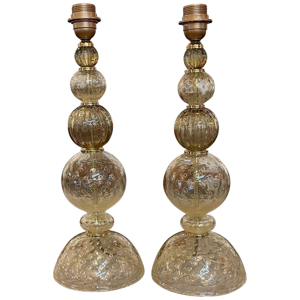 Pair of Vintage Gold Murano Glass Graduated Ball Lamps For Sale