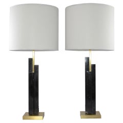 Italian Art Deco Style Pair of Black White Marble Satin Brass Modern Table Lamps