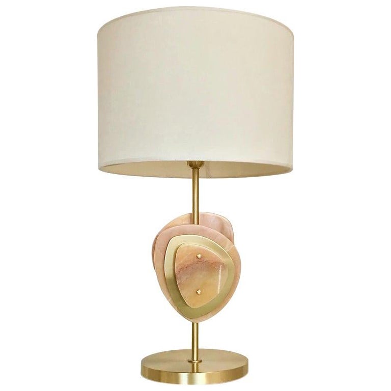 Bespoke Italian Organic Modern Amber Onyx Satin Brass Satellite Table Lamp For Sale