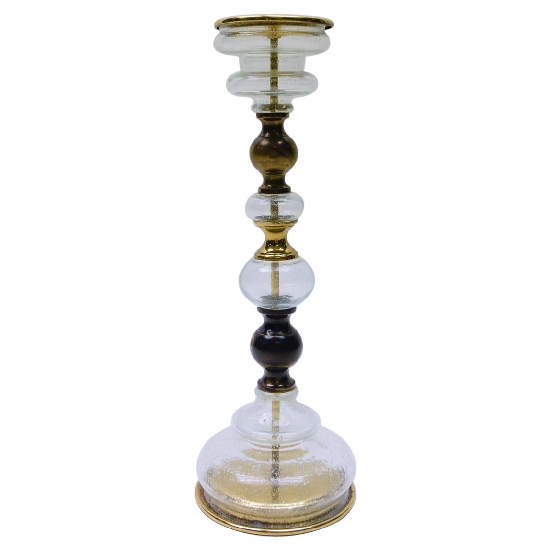Hollywood Regency Brass and Glass Floor Candle Holder, 1960s Italy