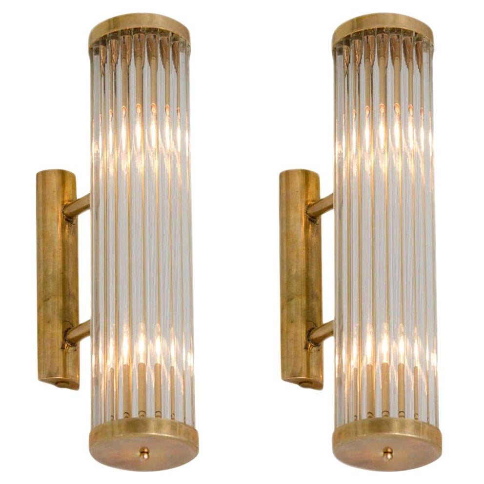 Pair of Italian Brass And Glass Arm Art Deco Wall Lights in the style of Venini For Sale