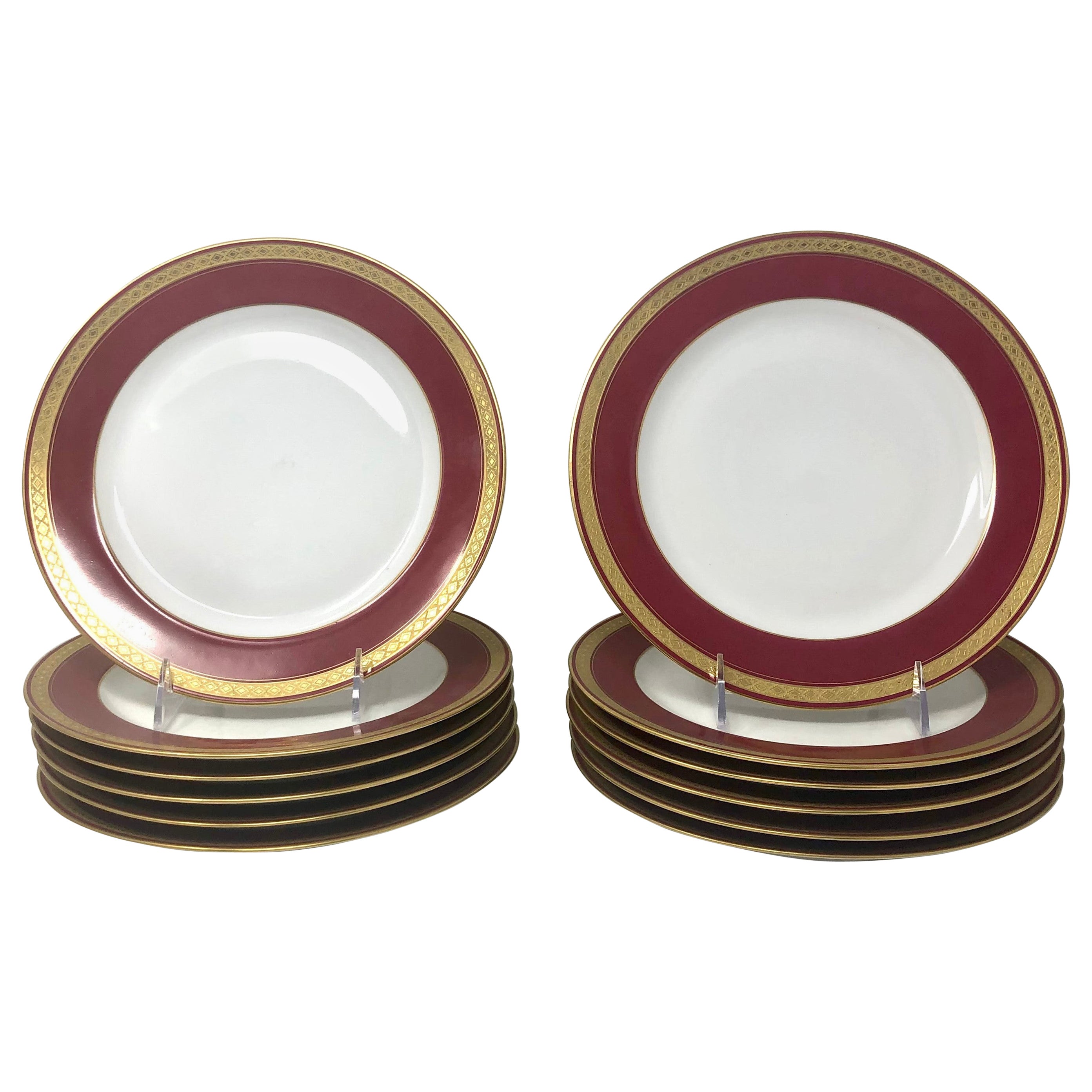 Set of 12 Cobalt and Gilt Limoges Dinner Plates in Arabesque Design