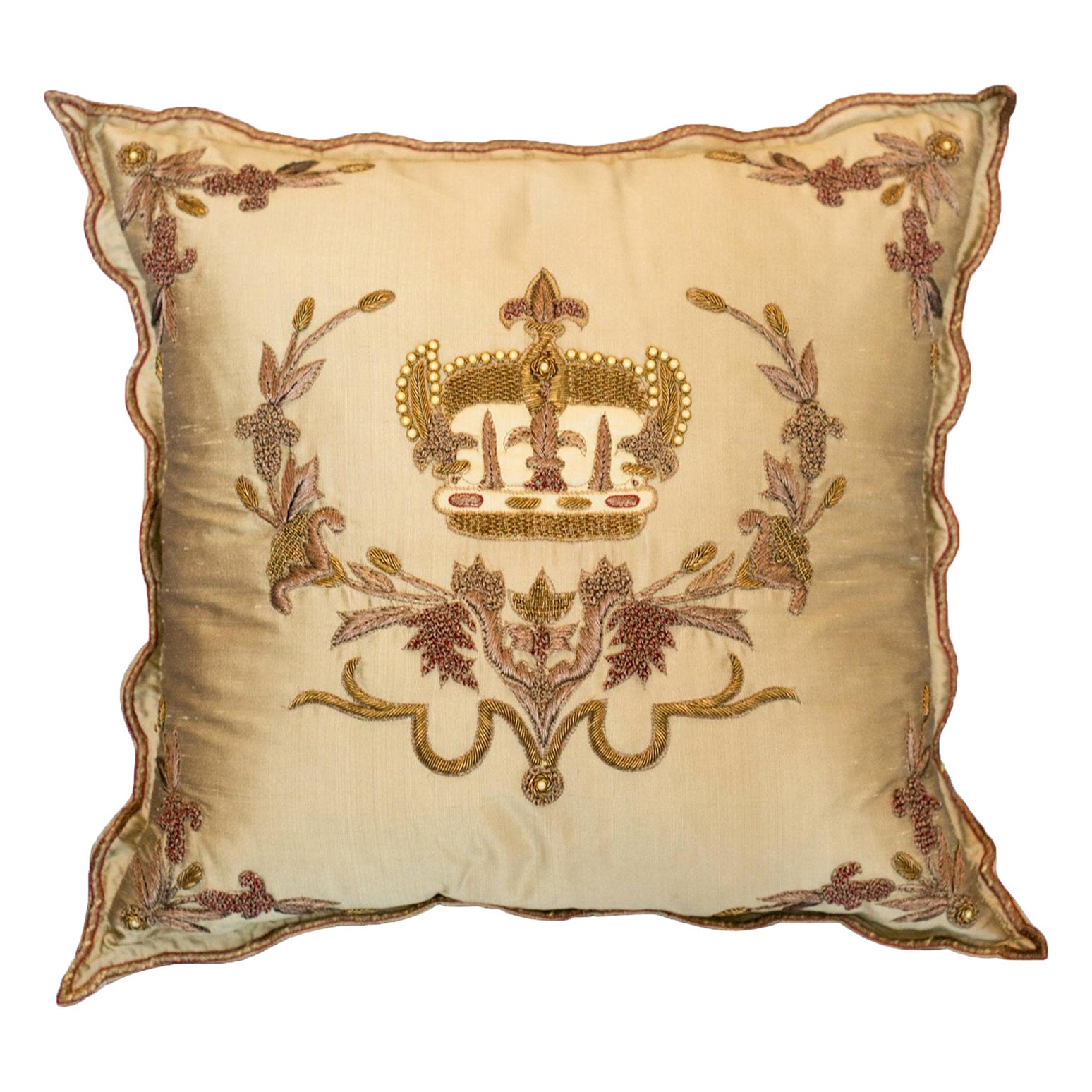 Contemporary Gold Silk Pillow with Beaded and Embroidered Crown For Sale