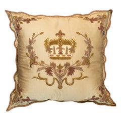 Antique Contemporary Gold Silk Pillow with Beaded and Embroidered Crown
