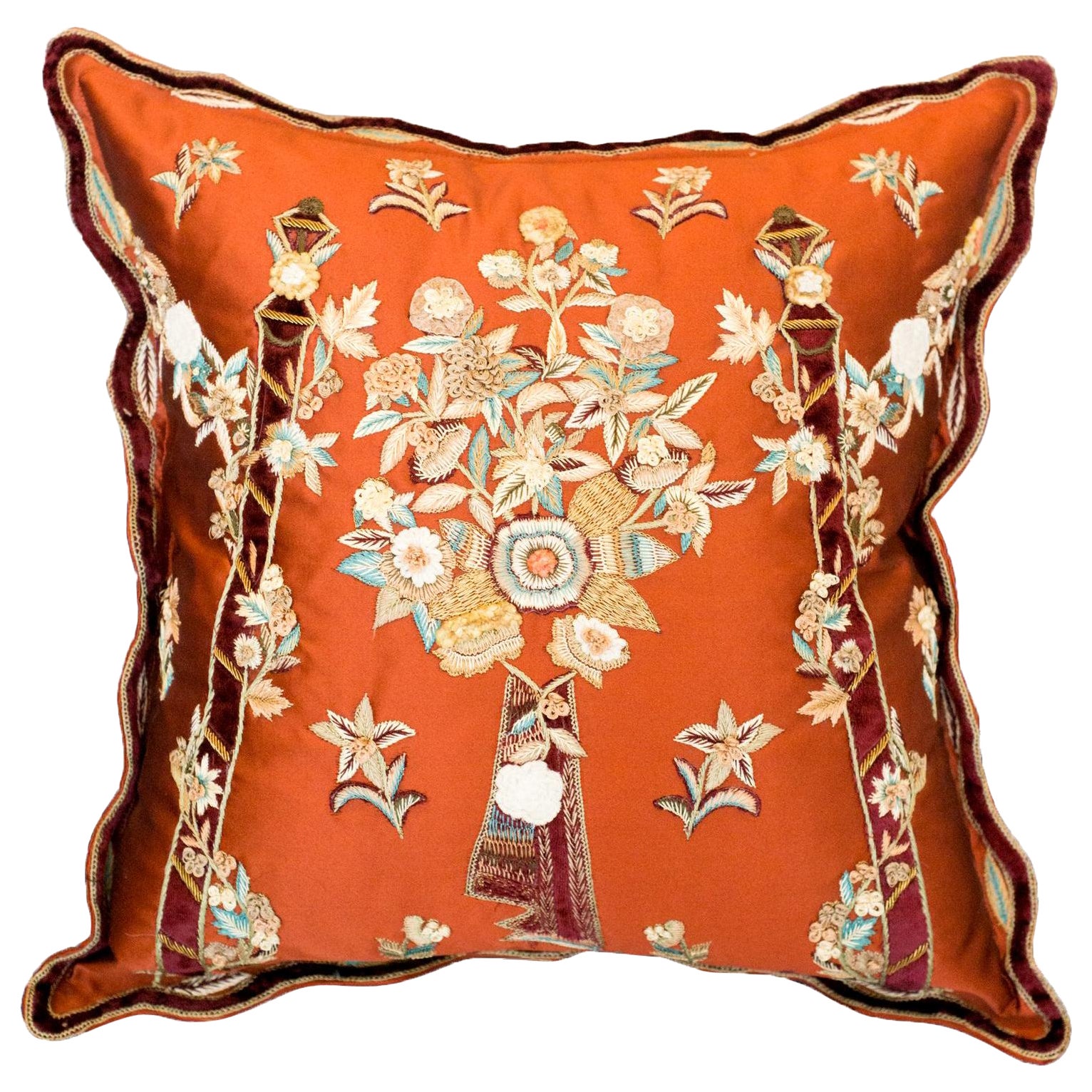 Contemporary Red Silk Pillow with Ornate Floral Embroidery