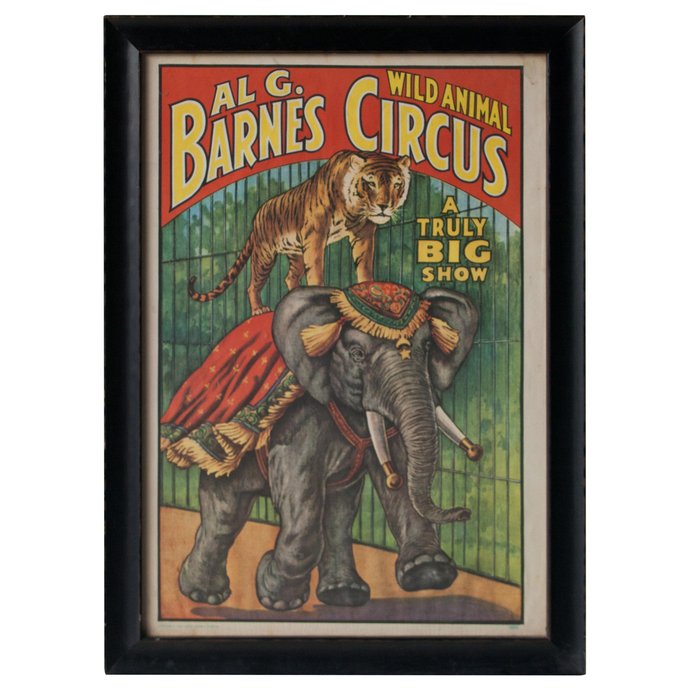 Al G. Barnes Animal Show Circus Cartel original enmarcado, Estados Unidos, 1895 en venta