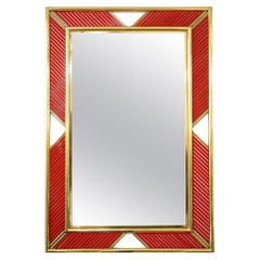 Art Deco Design Italian Red Murano Glass Geometric Modern Fretwork Brass Mirror