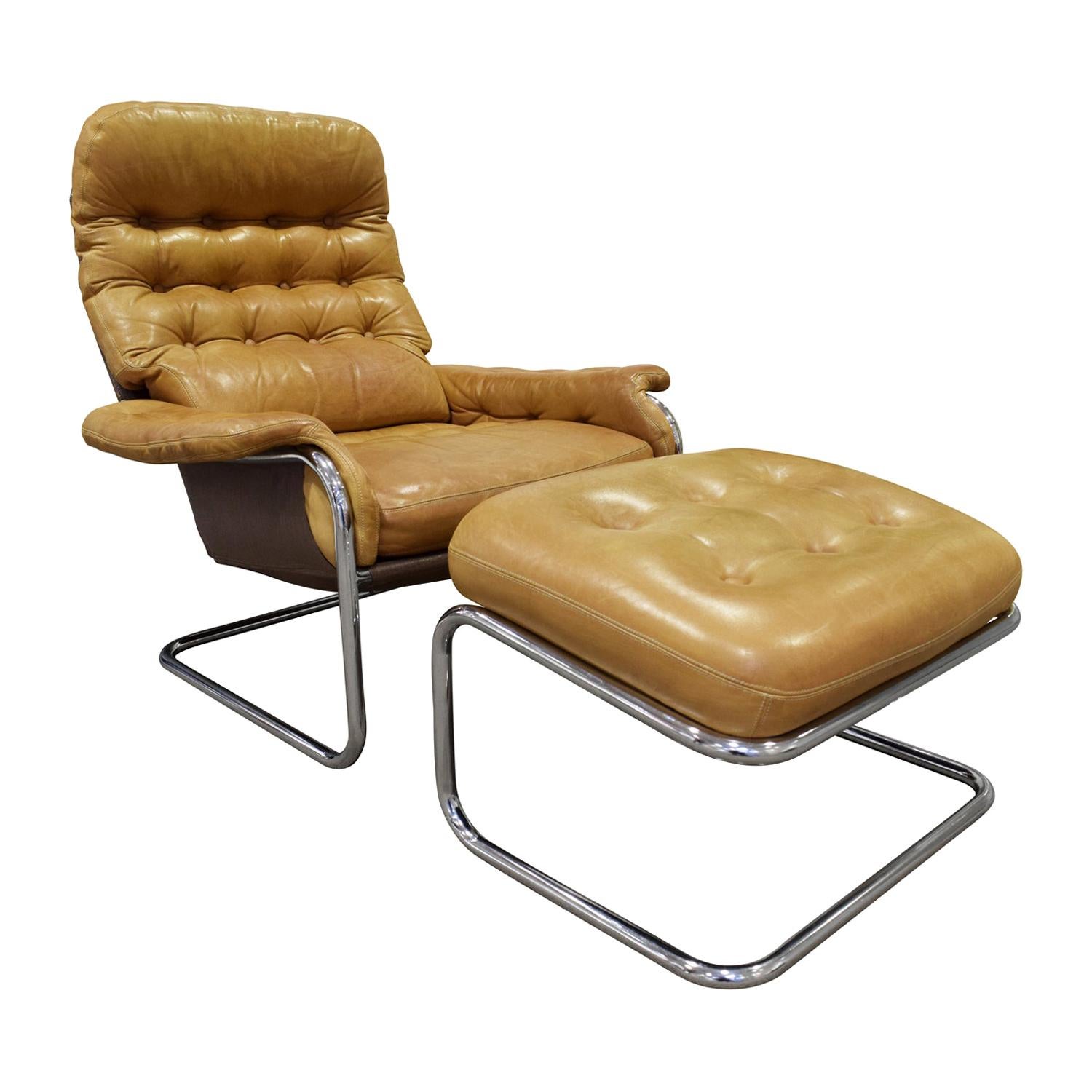 DUX Chair and Ottoman in Polished Chrome and Leather Upholstery, 1980s