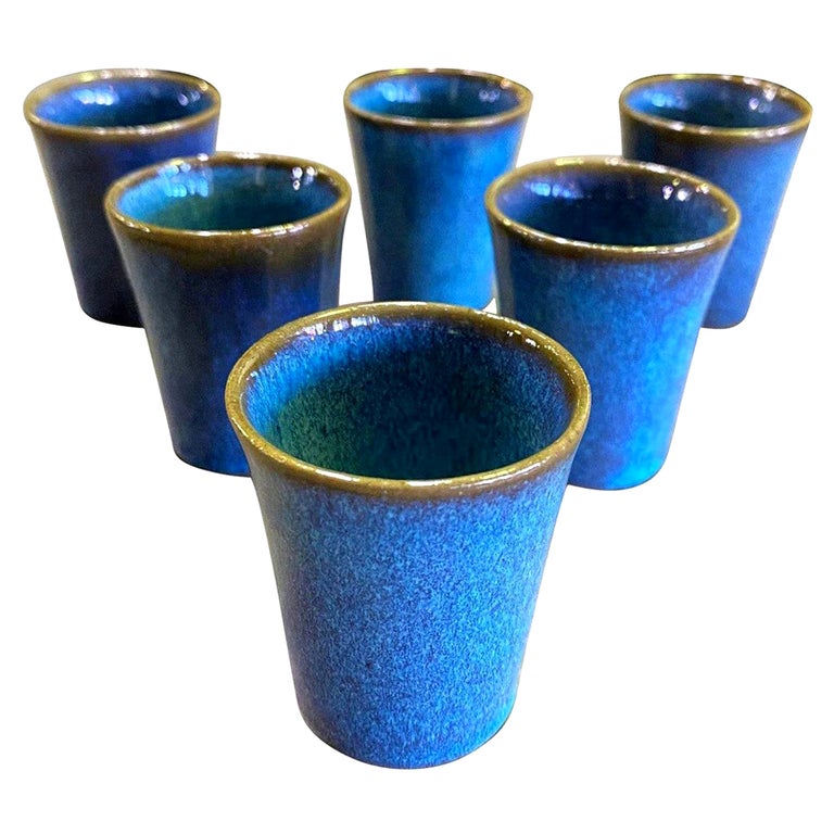 Juego de tetera y 4 tazas de cerámica artesanal en verde y azul., 'valle  verde