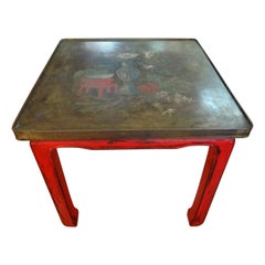 Philip and Kelvin LaVerne Style Chinese Lacquered Table with Etched Bronze Top