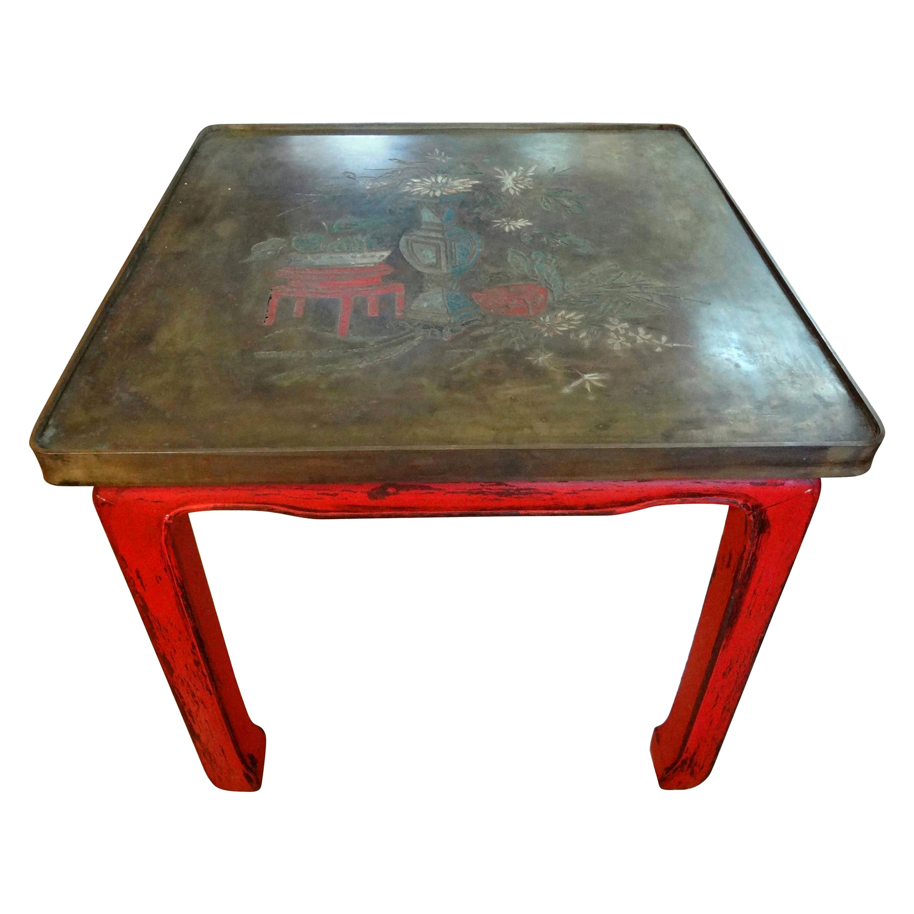 Chinese Lacquered Table with Etched Bronze Top After Philip and Kelvin La Verne For Sale