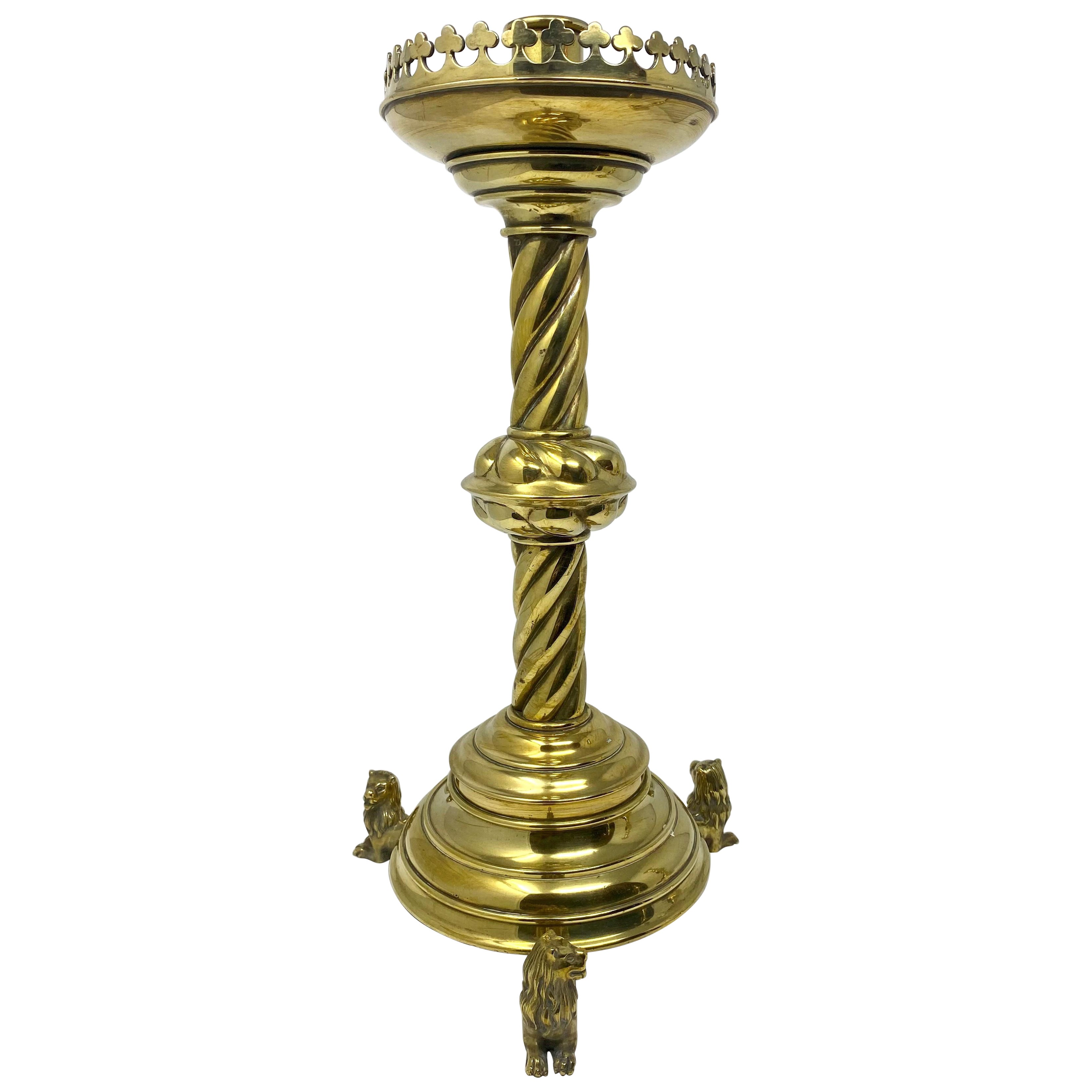 Antique English Victorian Brass Candlestick with Lions, circa 1880-1890 For Sale