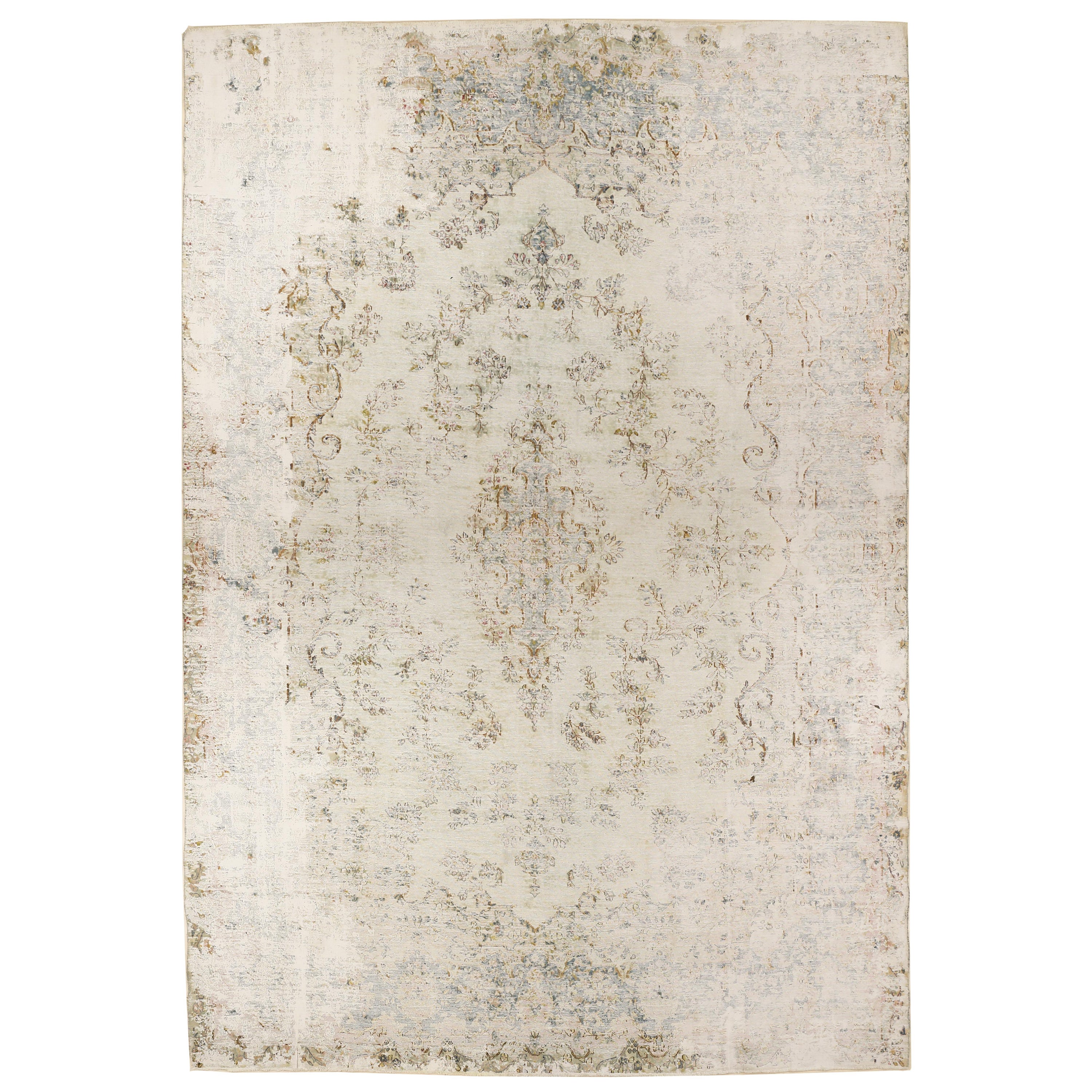 Antique Distressed Soft Coloured Botanical Design Decorative Carpet For Sale