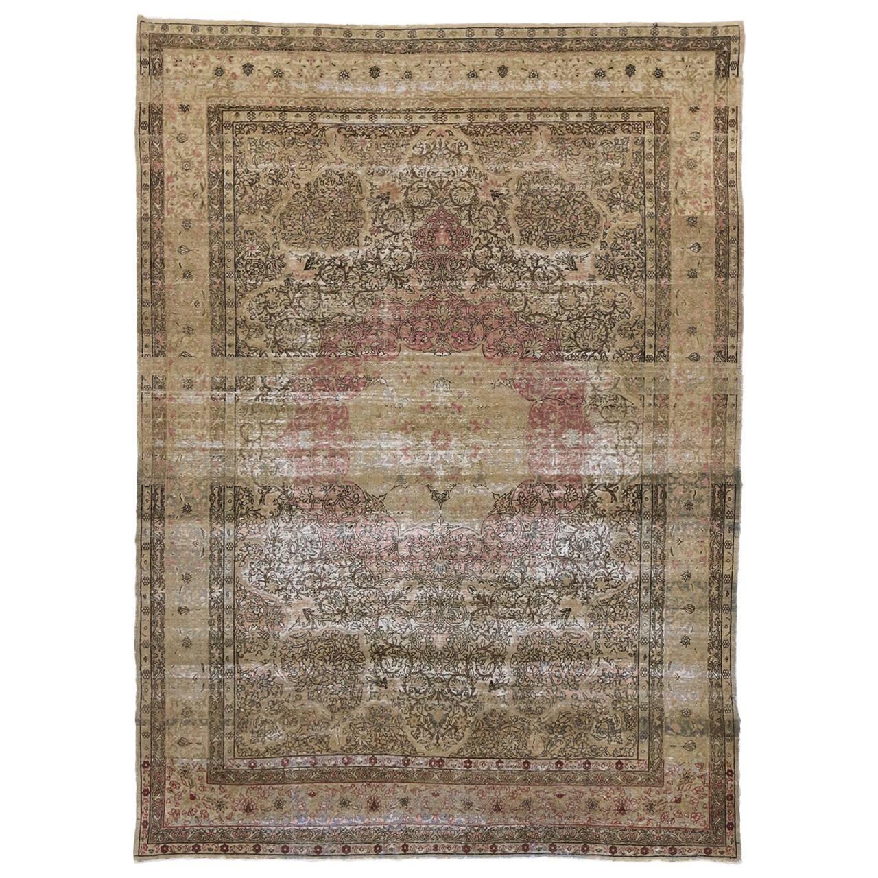 Distressed Antique Persian Kermanshah Area Rug with Romantic Industrial Style For Sale