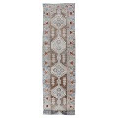Antique Long Persian Heriz Runner with Central Medallions in Brown, Blue, Tan & Red