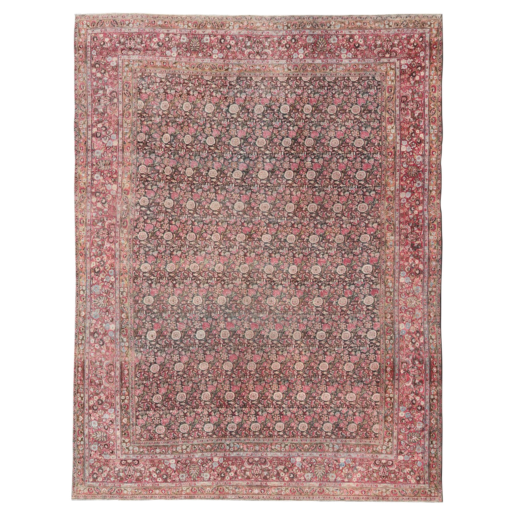 Antique Persian Khorasan Rug with Floral Design in Charcoal, Brown & Rose Red